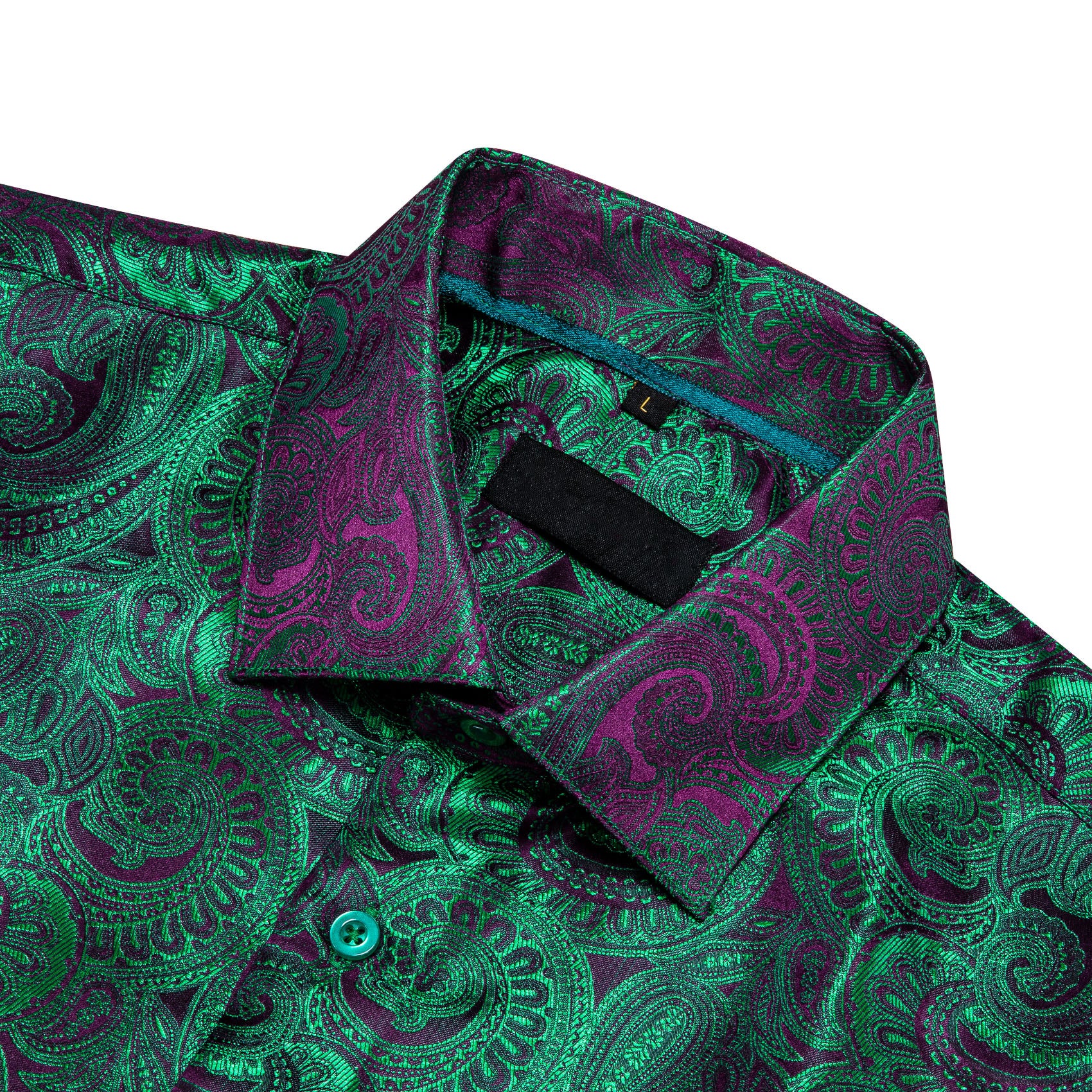 New Luxury Purple Green Gradient Paisley Pattern Silk Men's Long Sleeve Shirt