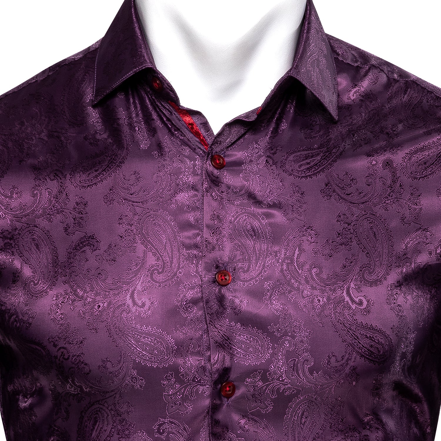 Shiny Deep Purple Paisley Pattern Silk Men's Long Sleeve Shirt