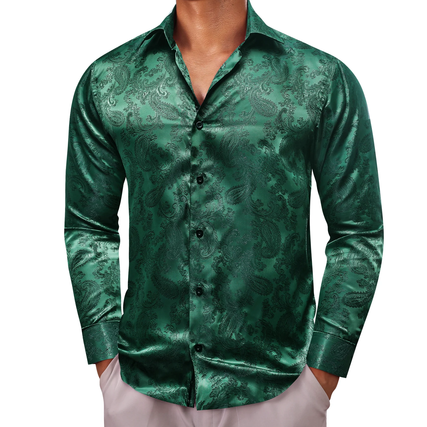 Dark Green Paisley Style Casual Silk Men's Long Sleeve Button Shirt