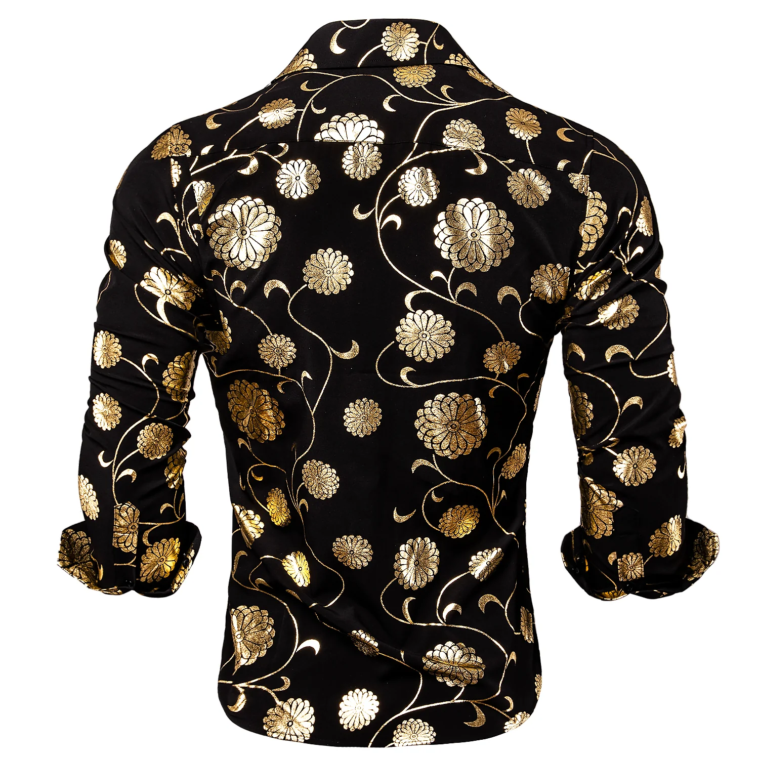 Black with Champagne Floral Pattern Silk Men's Long Sleeve Shirt
