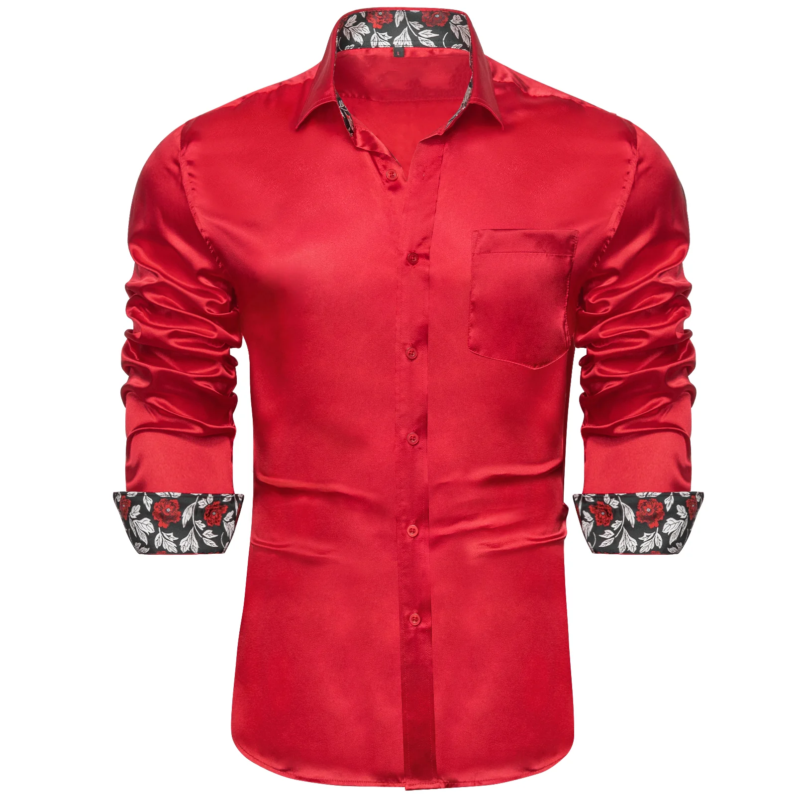 New Splicing Style Red with Black Floral Edge Men's Long Sleeve Shirt