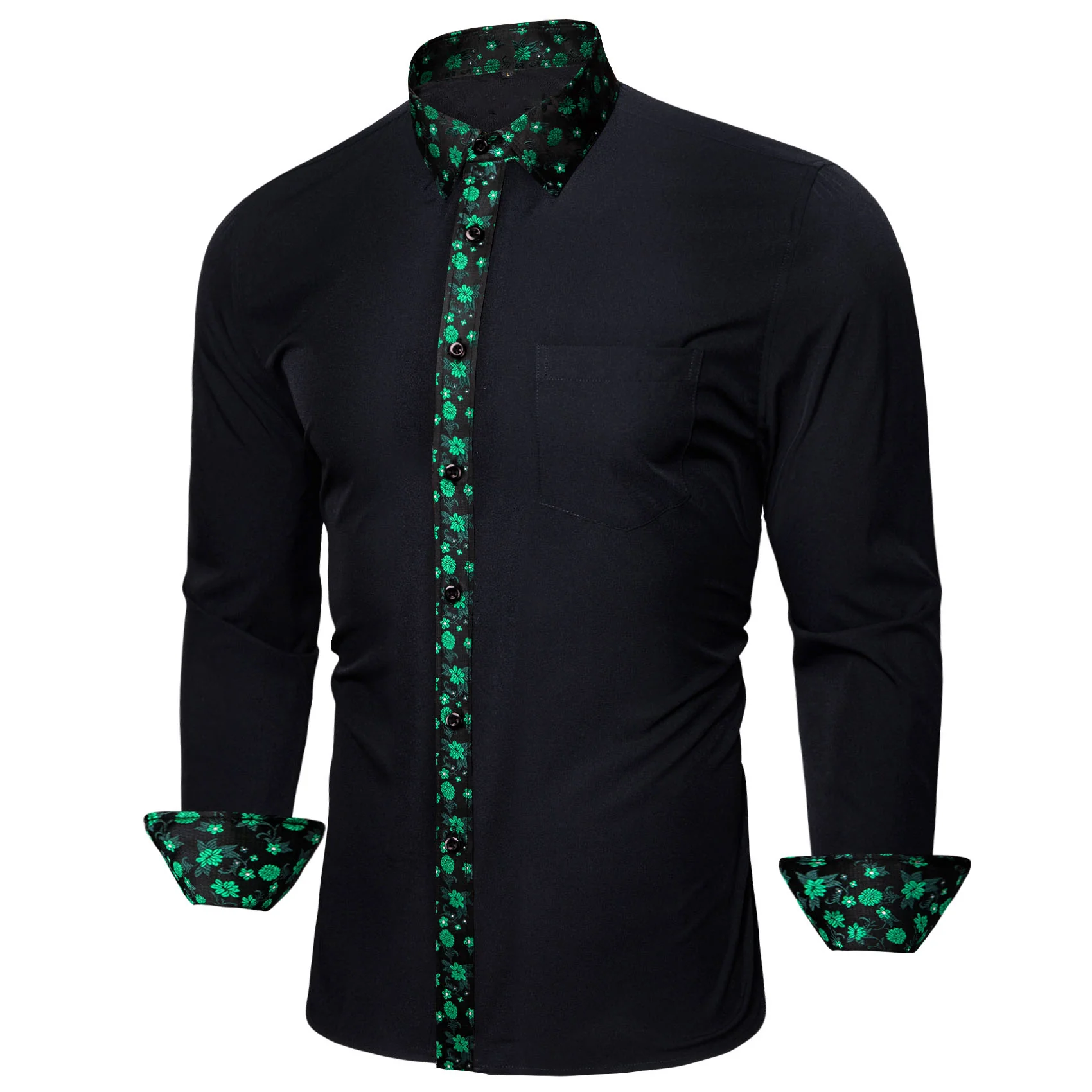 Splicing Style Black with Green Flower Edge Men's Long Sleeve Shirt