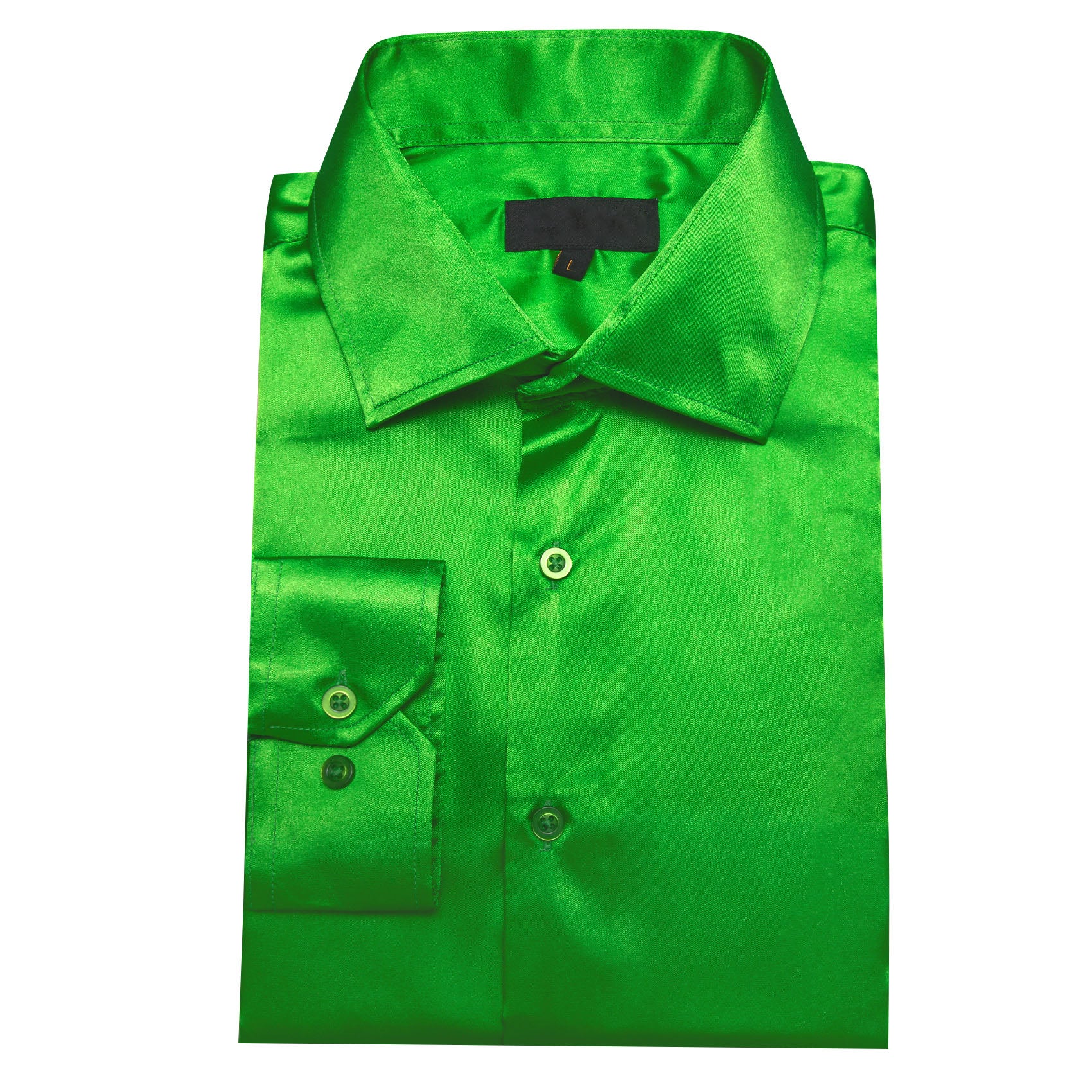 Bright Green Satin Solid Silk Men's Long Sleeve Shirt