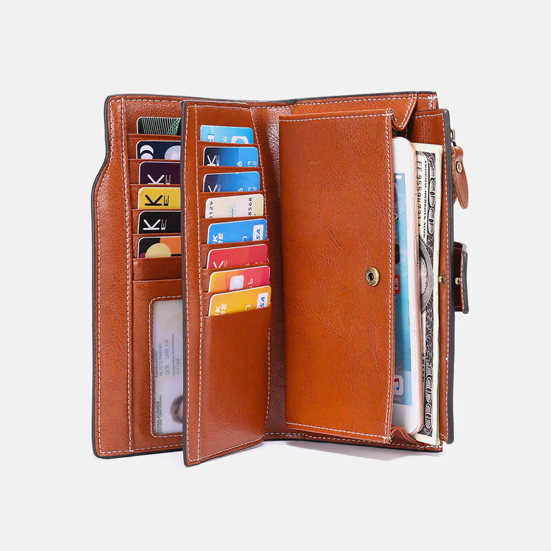 Genuine Leather RFID Anti Theft Oil Wax 6.3 Inch Phone Long Wallet Purse
