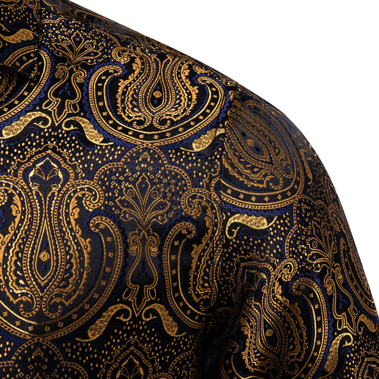 New Golden Black Paisley Silk Men's Long Sleeve Shirt