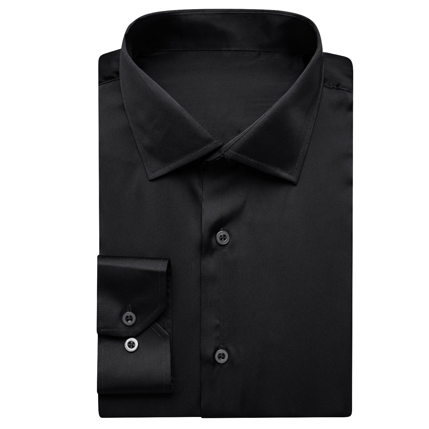 Black Solid Satin Chiffon Non-stretch Men's Long Sleeve Shirt