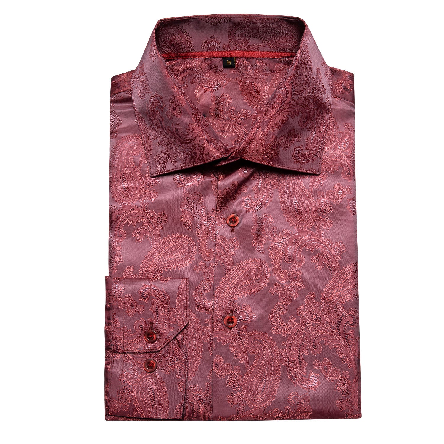 Metallic Red Paisley Pattern Silk Men's Long Sleeve Shirt