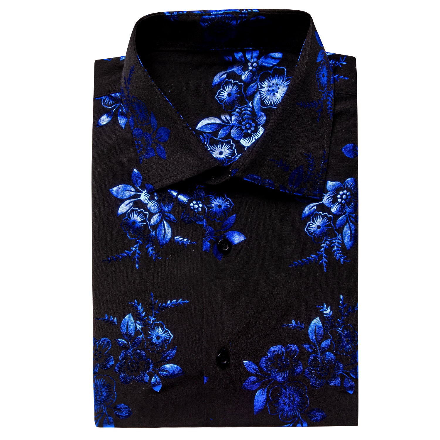 New Black Shirt with Blue Floral Silk Men's Short Sleeve Shirt