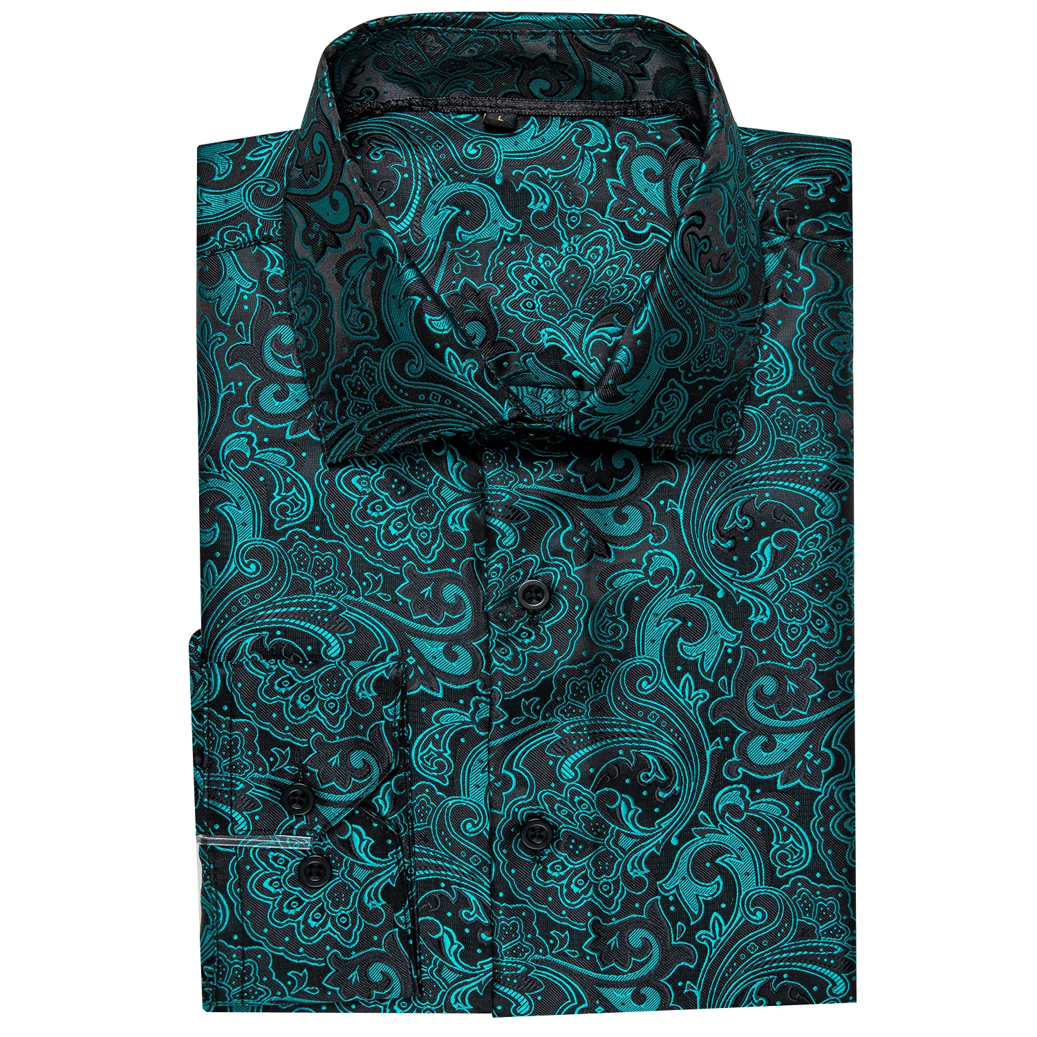 Black Teal Blue Floral Silk Men's Long Sleeve Shirt
