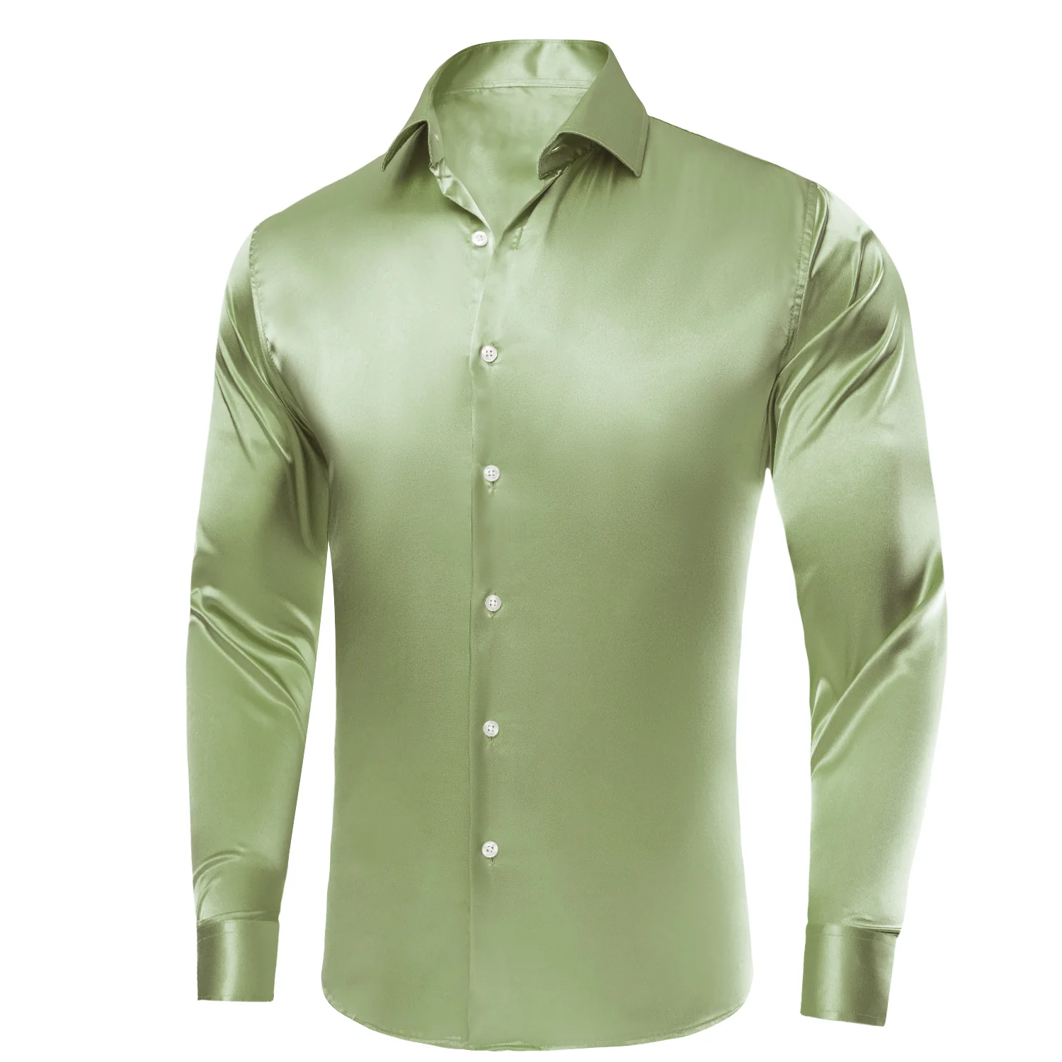 Avocado Green Solid Satin Silk Men's Long Sleeve Business Shirt