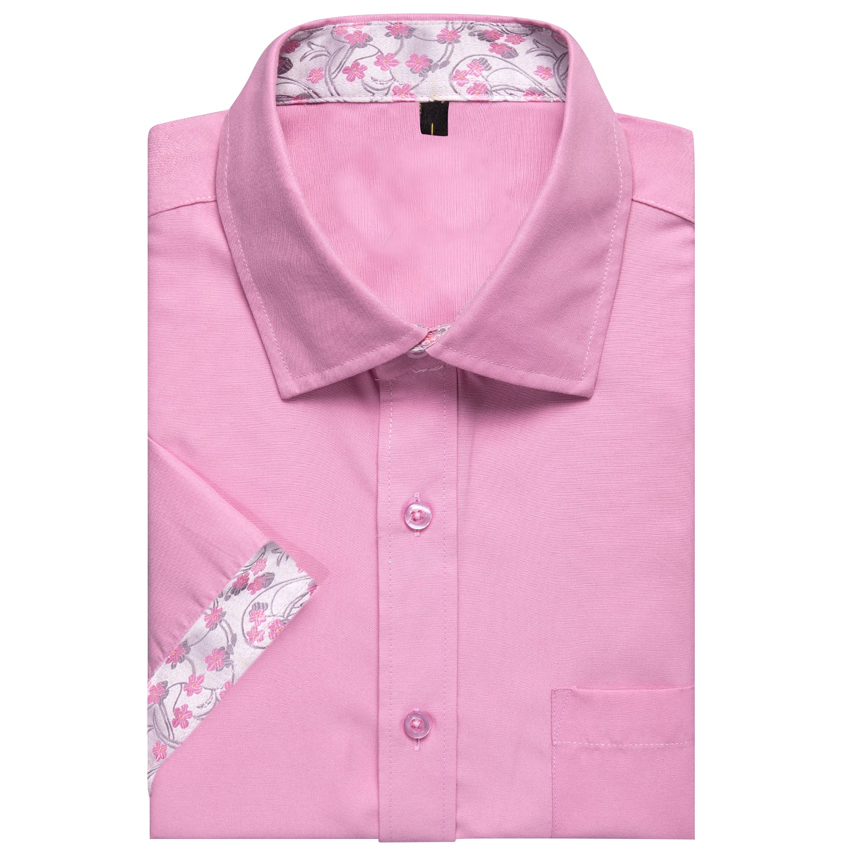 Splicing Style Pink with Pink Floral Silk Men's Short Sleeve Shirt
