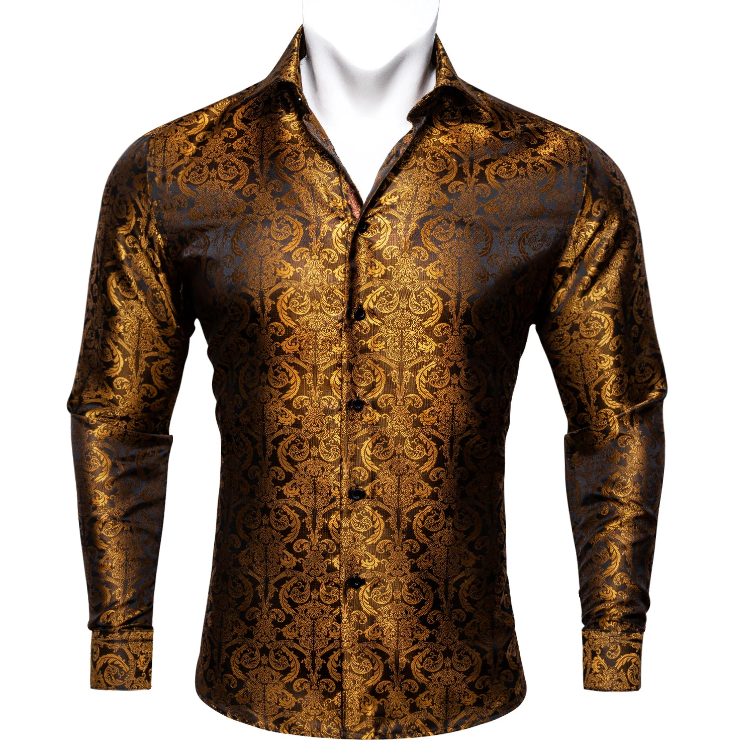 New Golden Brown Paisley Style Silk Men's Long Sleeve Shirt