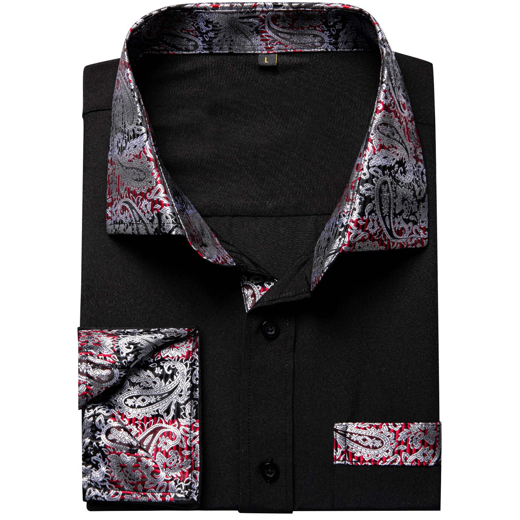 Splicing Style Black with Silver Paisley Edge Men's Solid Long Sleeve Shirt