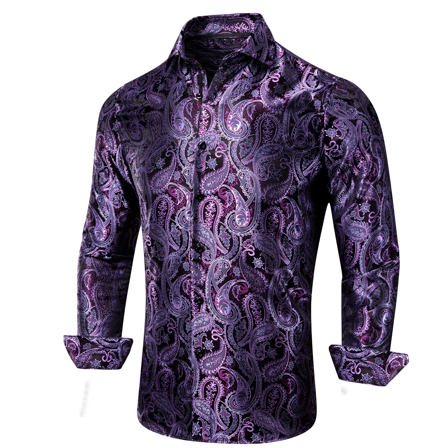 Luxury Purple Paisley Pattern Silk Men's Long Sleeve Shirt