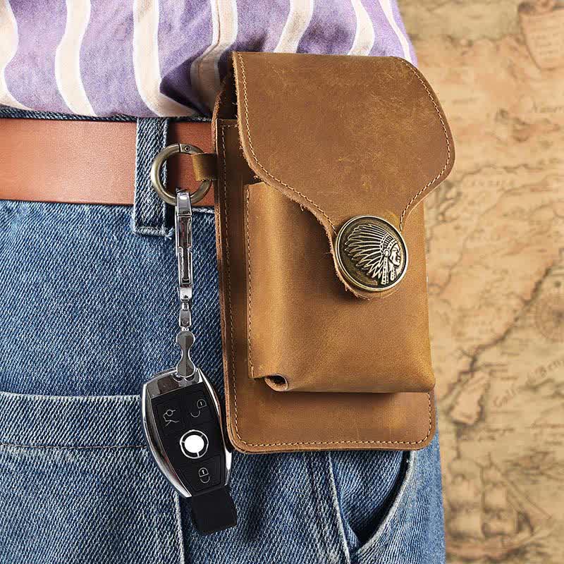 Vintage Leather Flip Phone Bag Belt Pouch with Cigarette Pocket