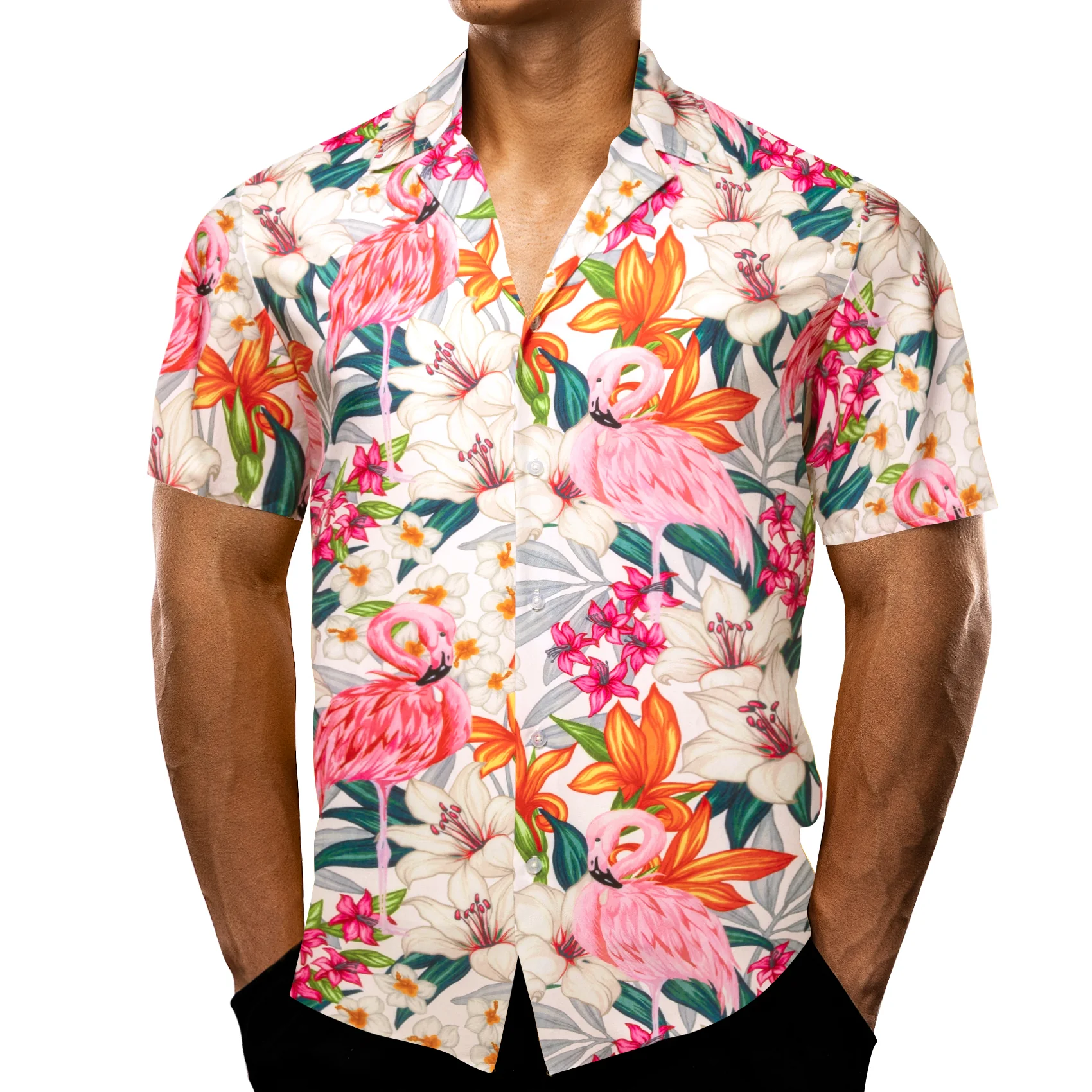Pearl White Pink Floral Men's Short Sleeve Summer Shirt