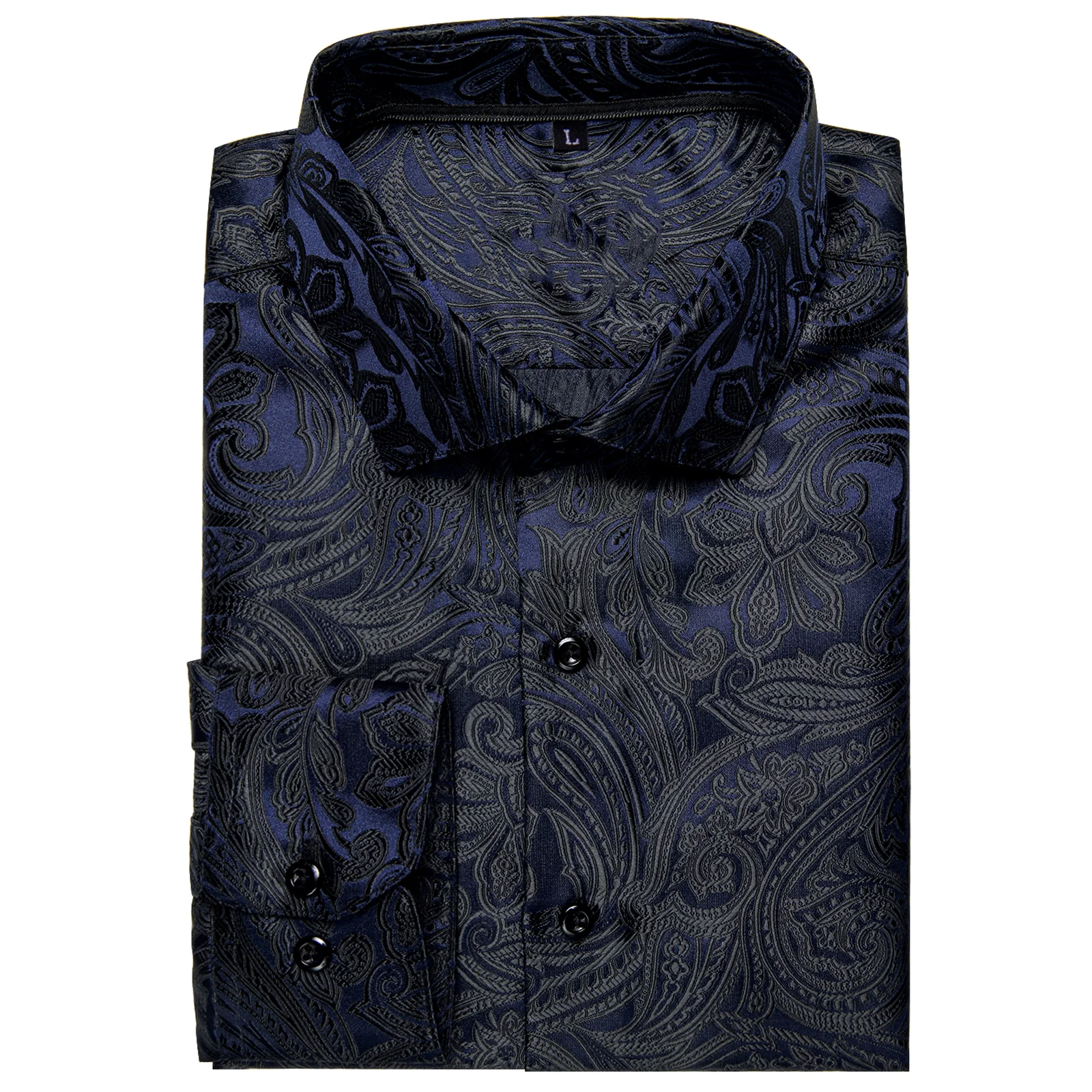 Dark Blue Paisley Silk Men's Long Sleeve Shirt