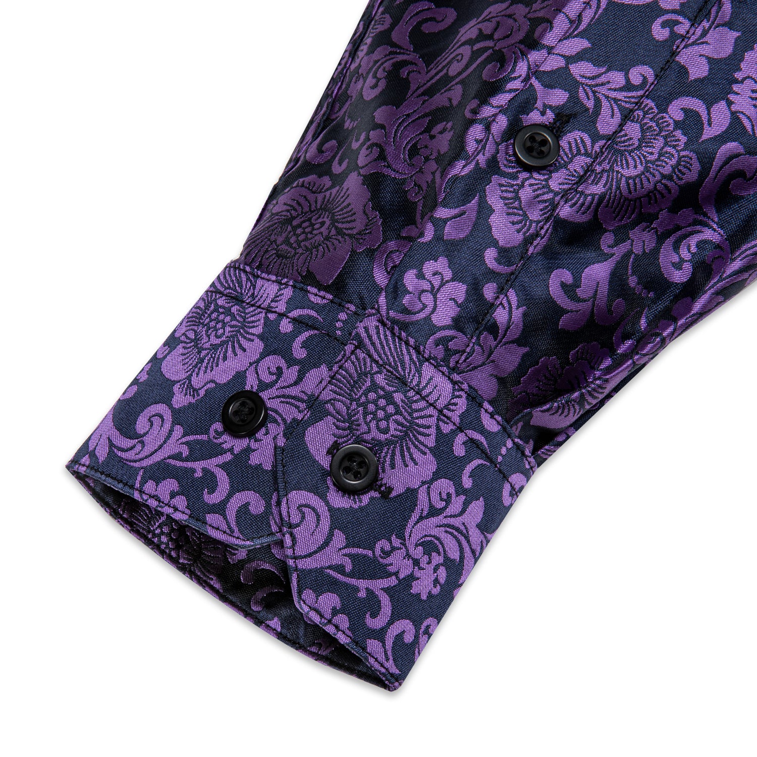 Black Purple Floral Silk Men's Long Sleeve Shirt
