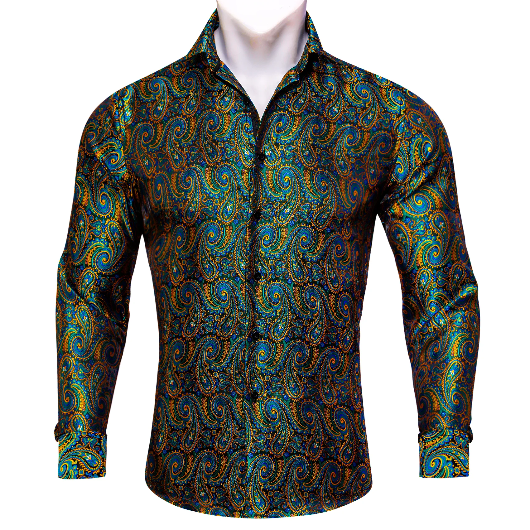 Yellow Green Paisley Silk Men's Long Sleeve Shirt