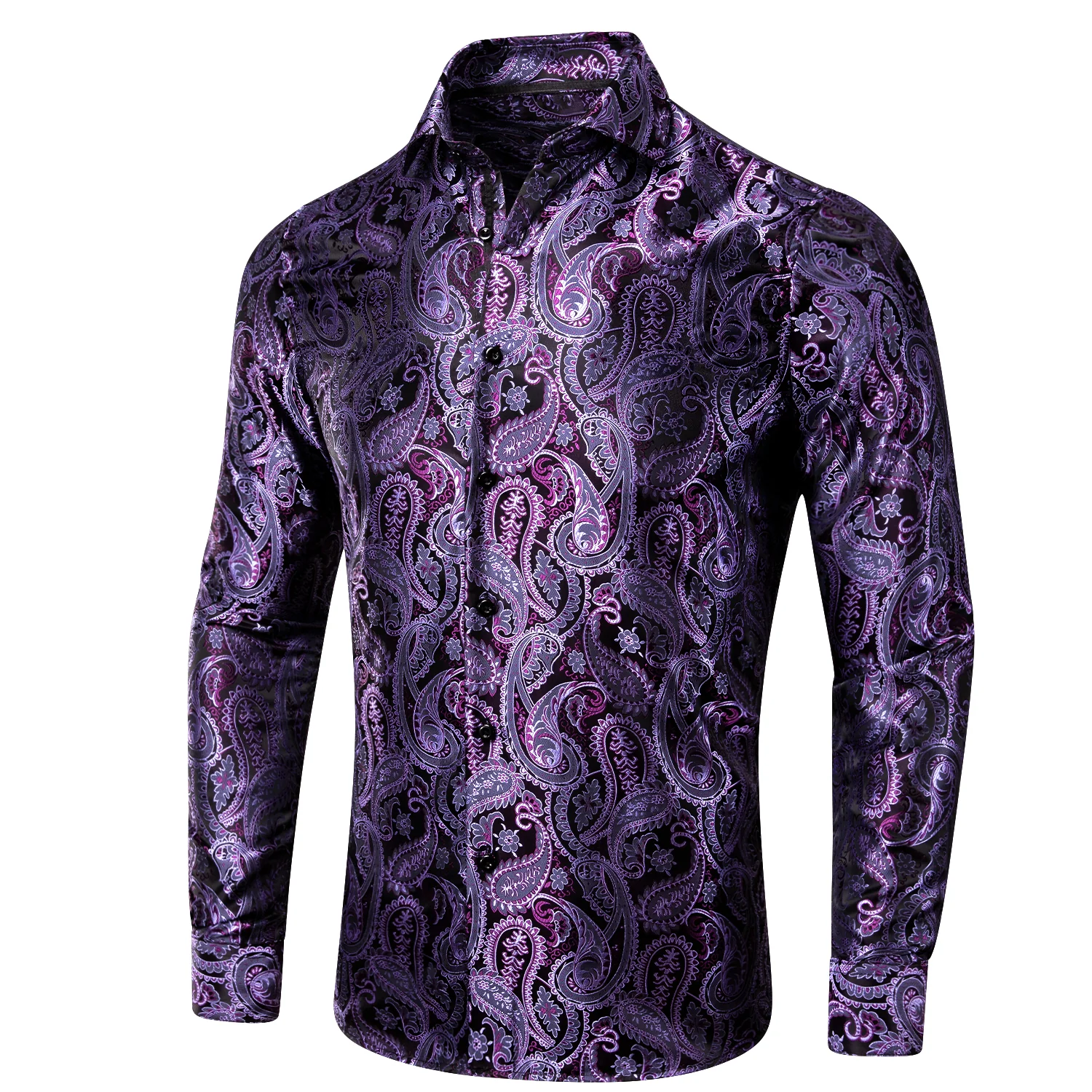 Luxury Purple Paisley Pattern Silk Men's Long Sleeve Shirt