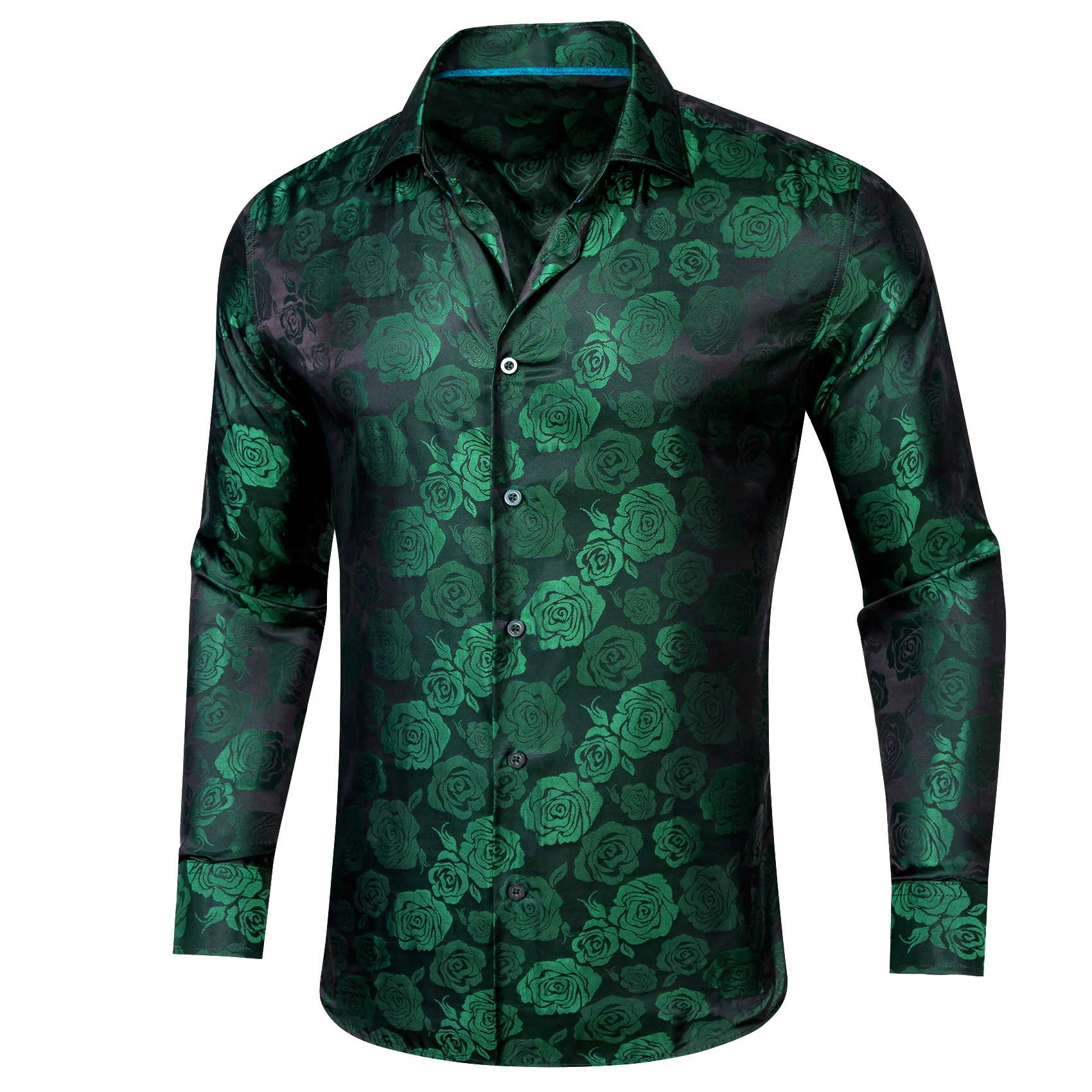 Green Black Floral Rose Silk Men's Long Sleeve Shirt