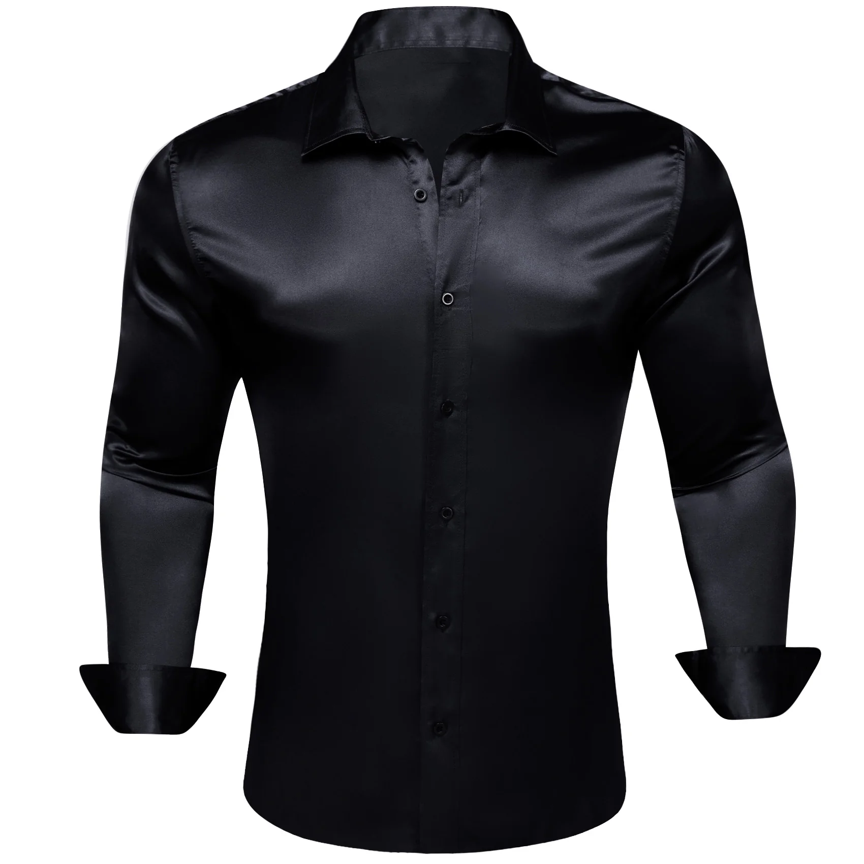 Black Solid Silk Men's Long Sleeve Shirt