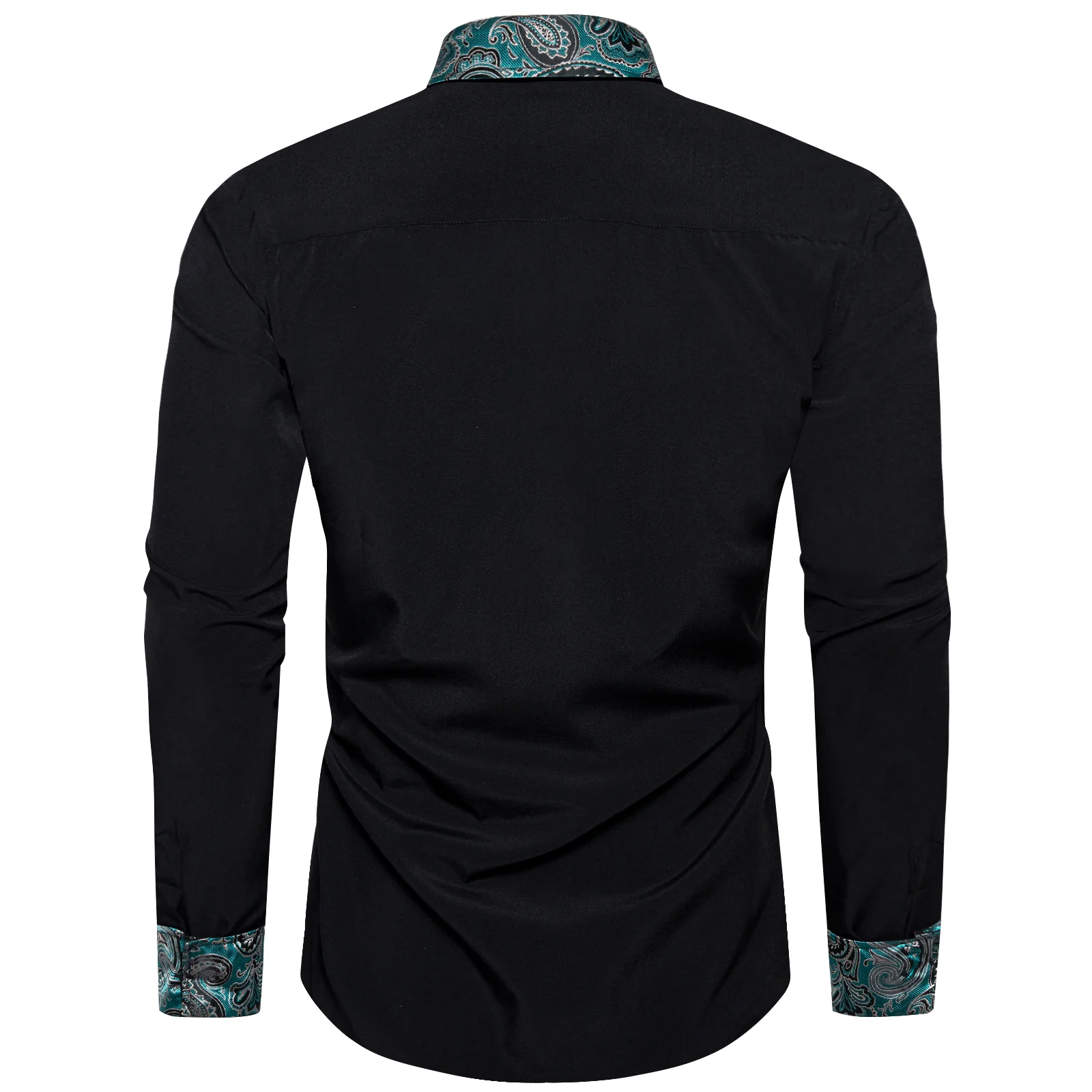 Splicing Style Black with Lake Blue Paisley Edge Men's Solid Long Sleeve Shirt