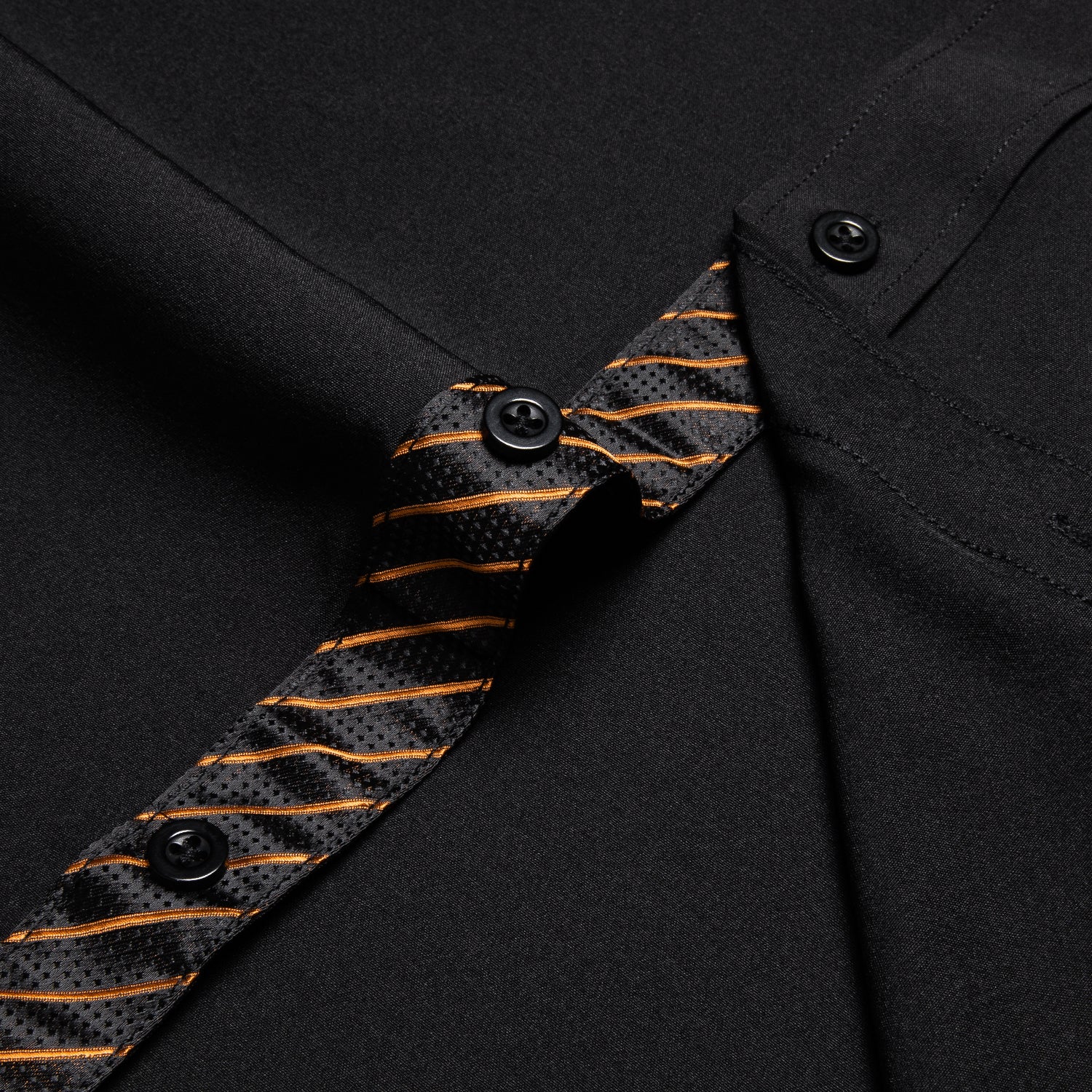 Splicing Style Black with Golden Striped Edge Men's Solid Long Sleeve Shirt