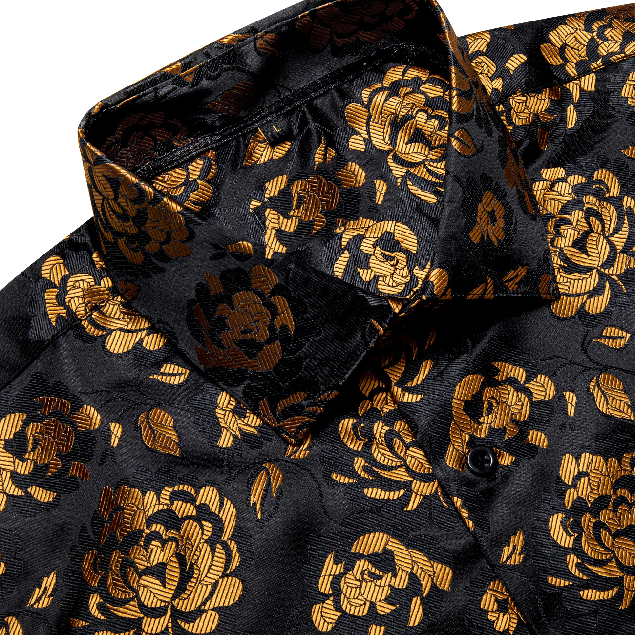 Black Golden Peony Floral Silk Men's Long Sleeve Shirt
