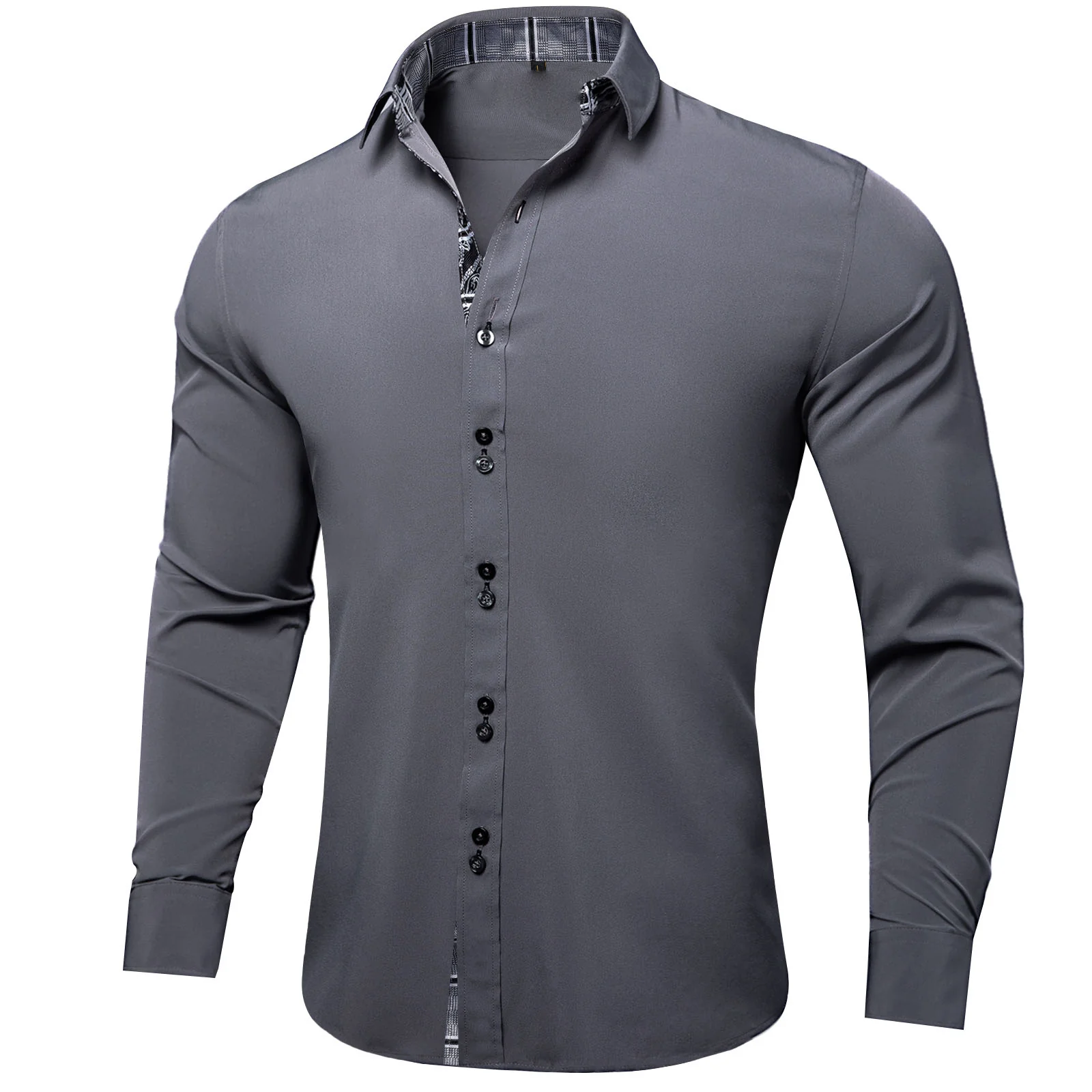 New Splicing Style Grey with Grey Plaid Edge Men's Long Sleeve Shirt