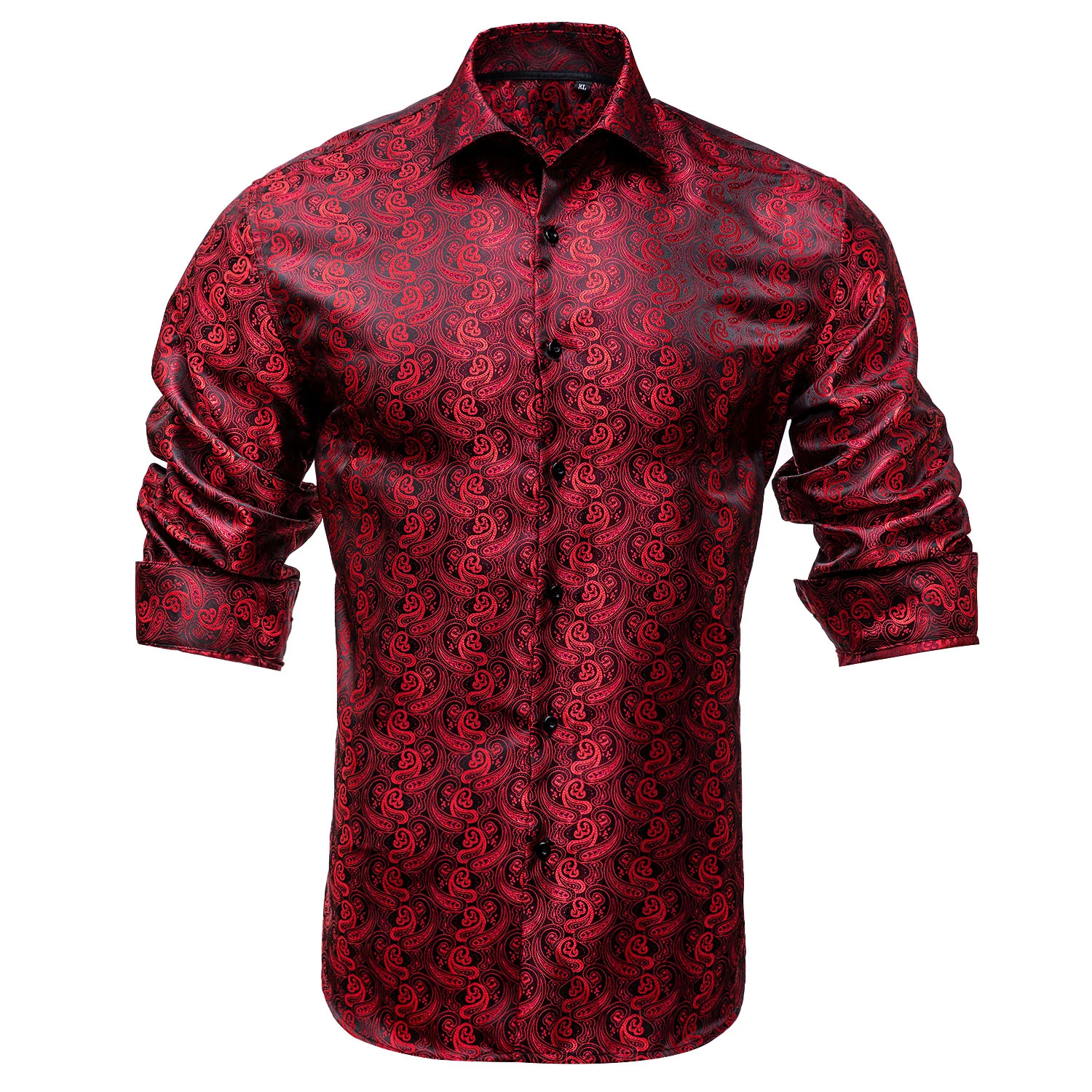 New Red Black Paisley Silk Men's Long Sleeve Shirt