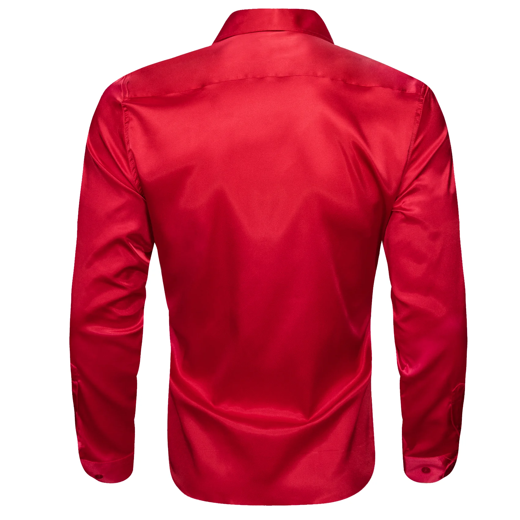 New Red Solid Satin Silk Men's Long Sleeve Shirt