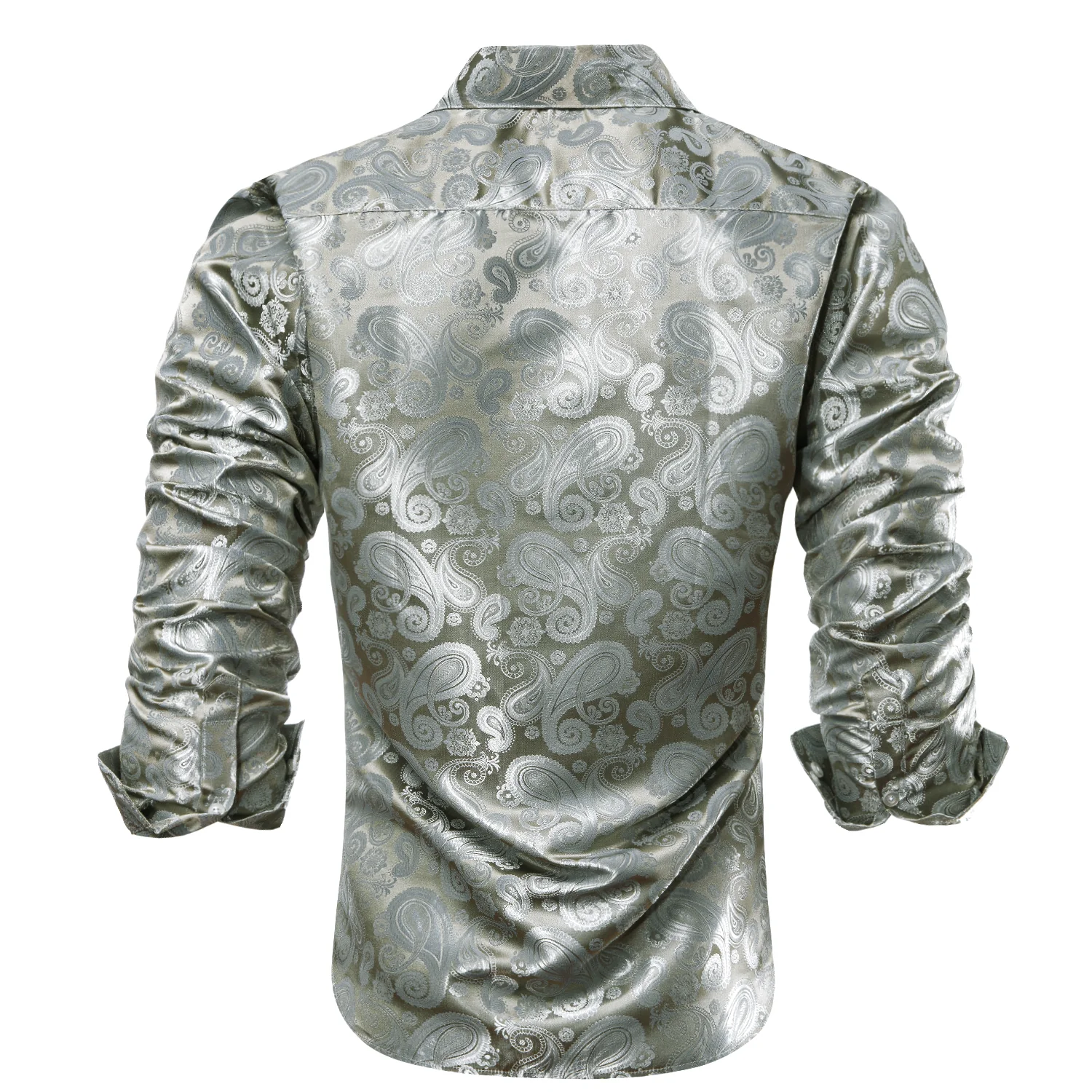 Light Sliver Olive Green Paisley Silk Men's Long Sleeve Shirt