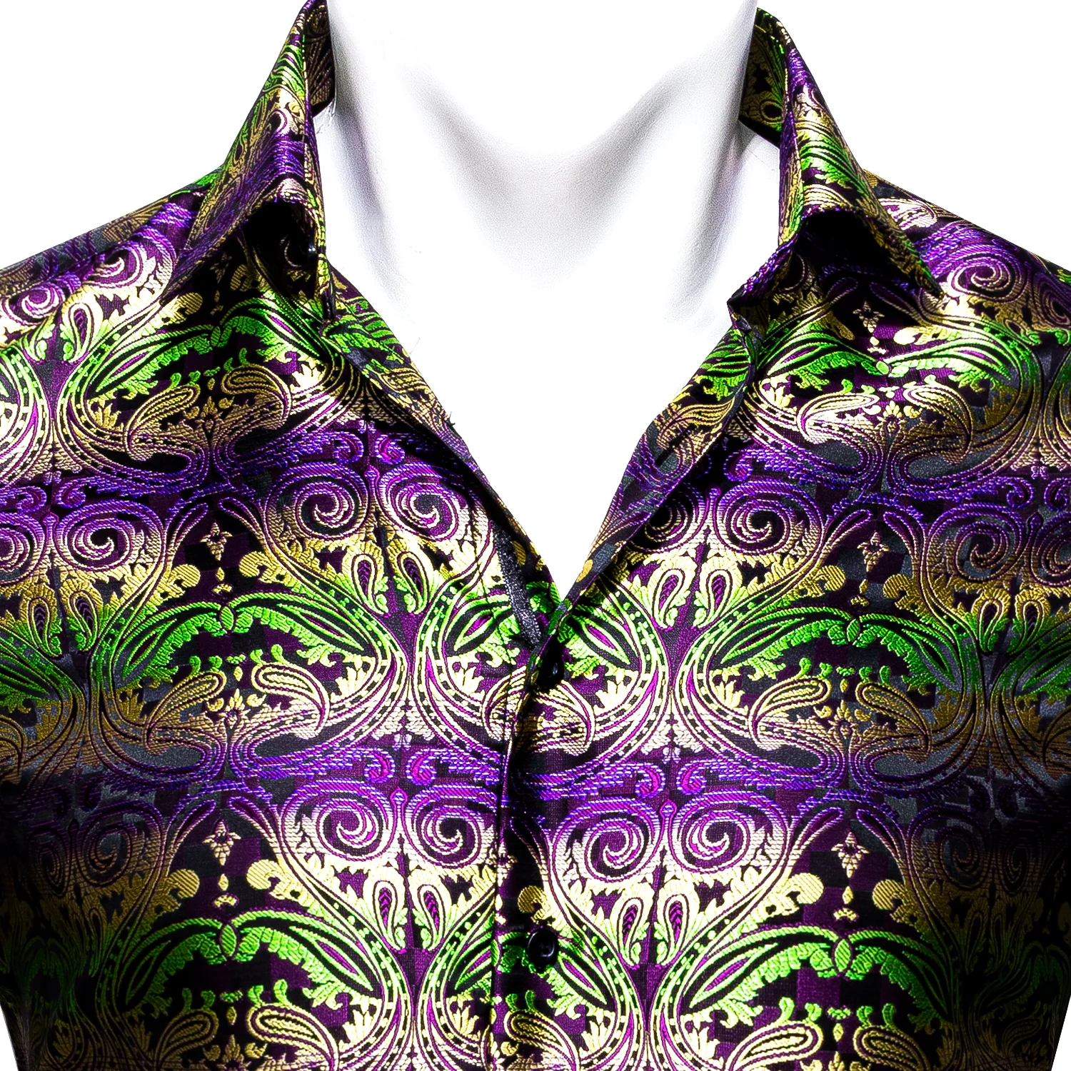 New Purple Green Brown Gradient Paisley Style Silk Men's Long Sleeve Shirt