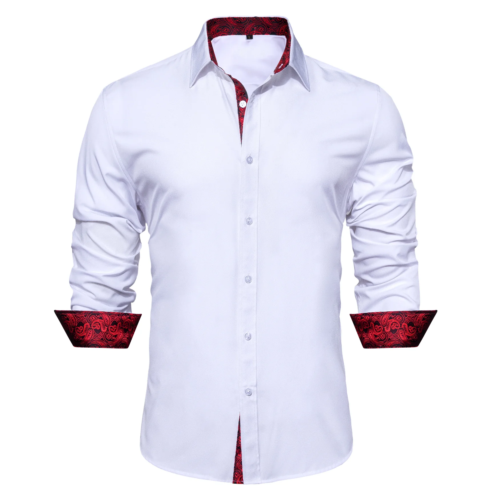New Splicing Style White with Red Paisley Edge Men's Long Sleeve Shirt