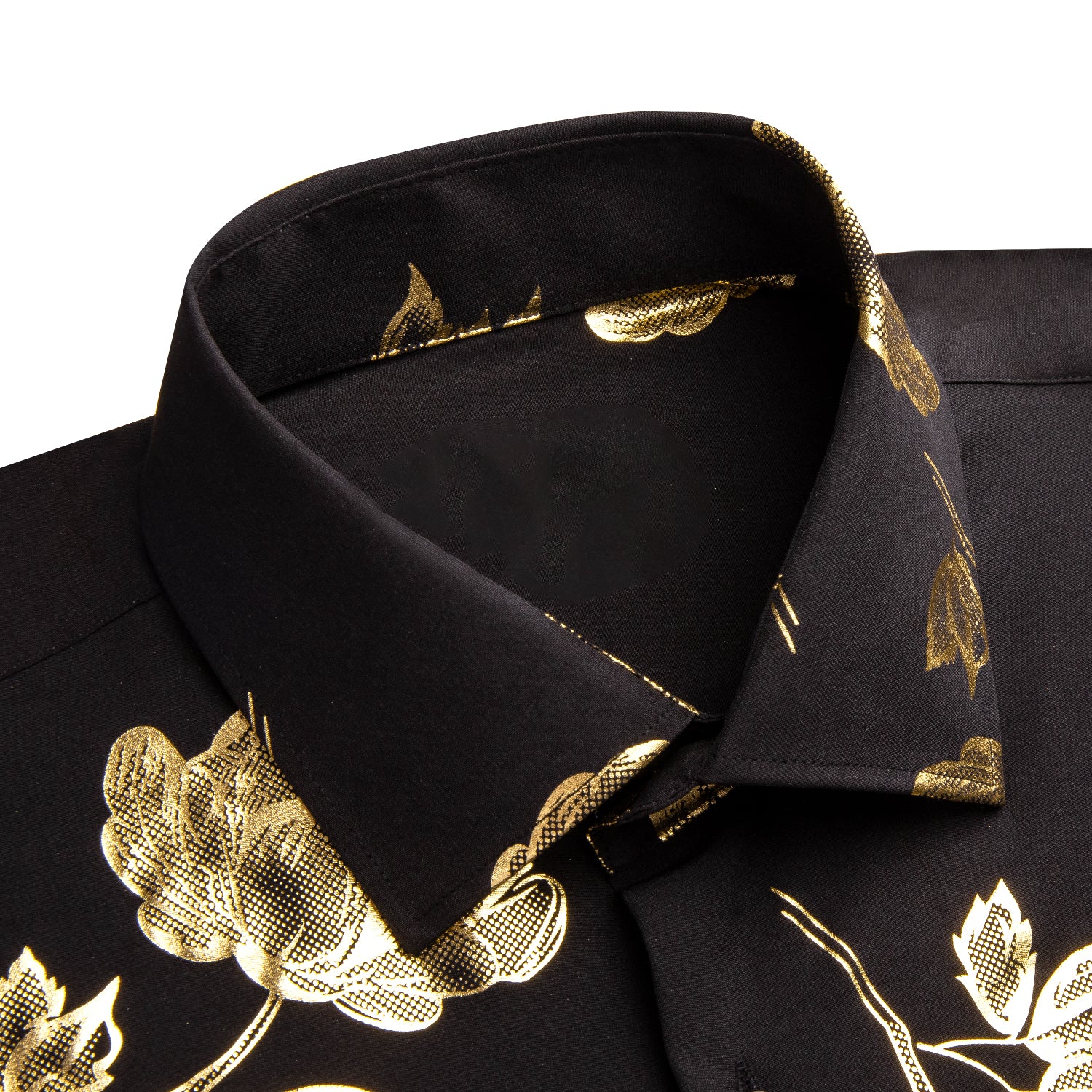 Black Golden Floral Silk Men Long Sleeve Shirt