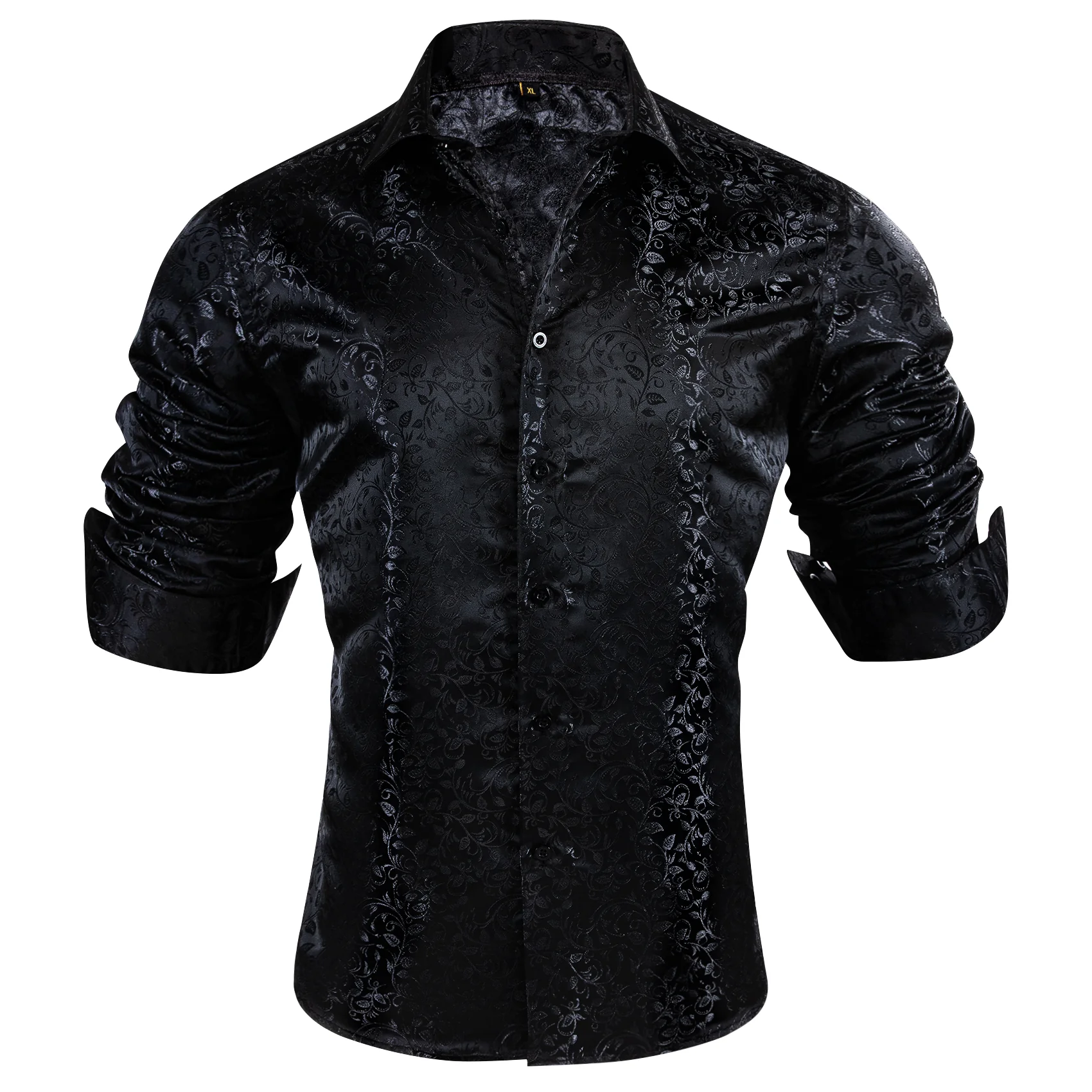 Black Floral Pattern Silk Men's Long Sleeve Shirt