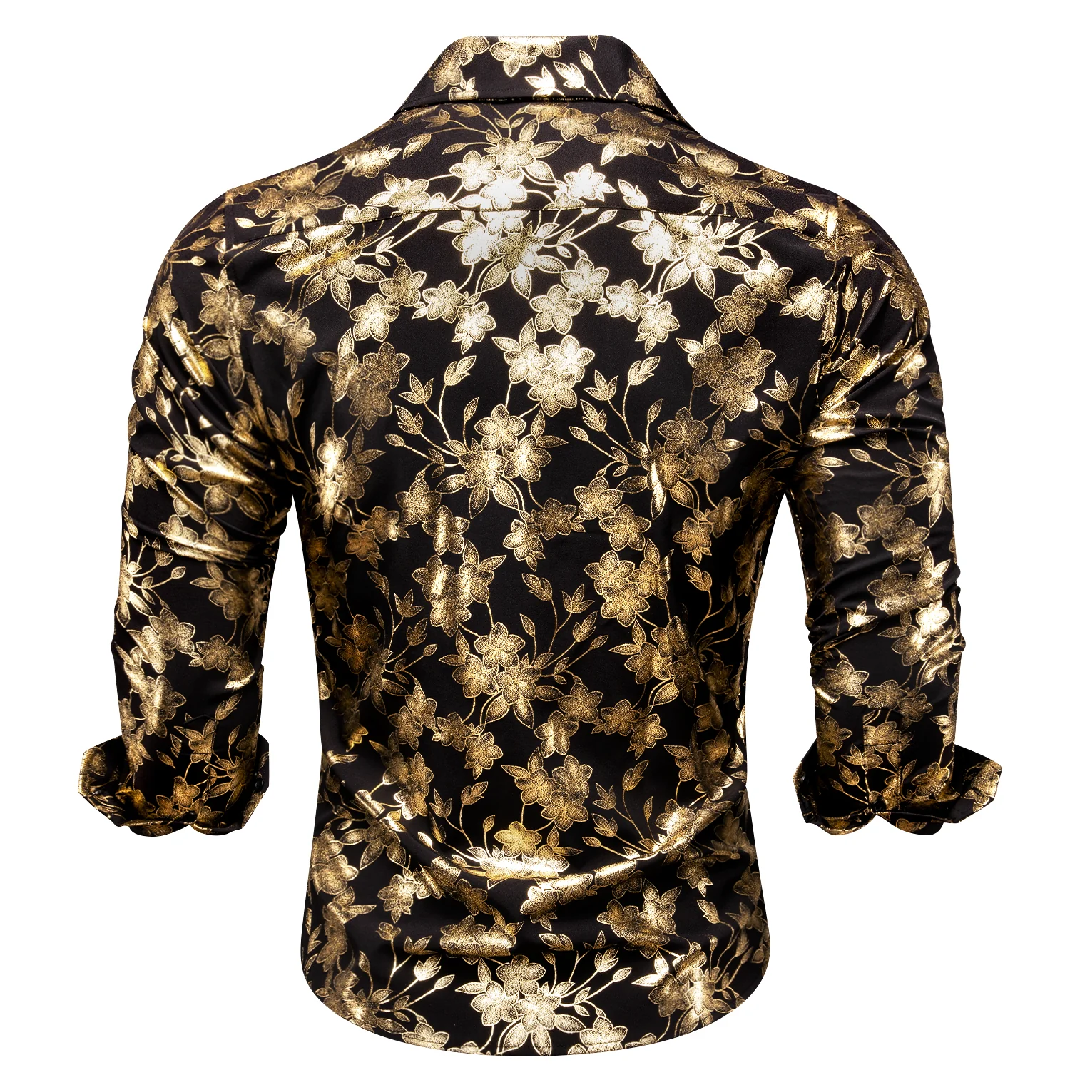 Black Golden Cherry Blossoms Floral Pattern Silk Men's Long Sleeve Shirt