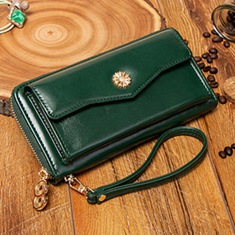 Women Leather Wallet Large Capacity Zipper Around Wristlet Bags Phone Holder