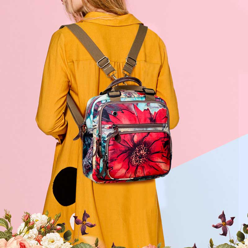 Multifunctional Waterproof Flower Printing Backpack Floral Diaper Bag Crossbody Bag