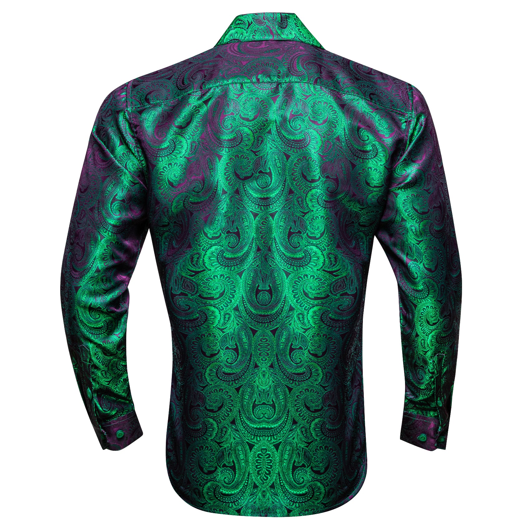 New Luxury Purple Green Gradient Paisley Pattern Silk Men's Long Sleeve Shirt