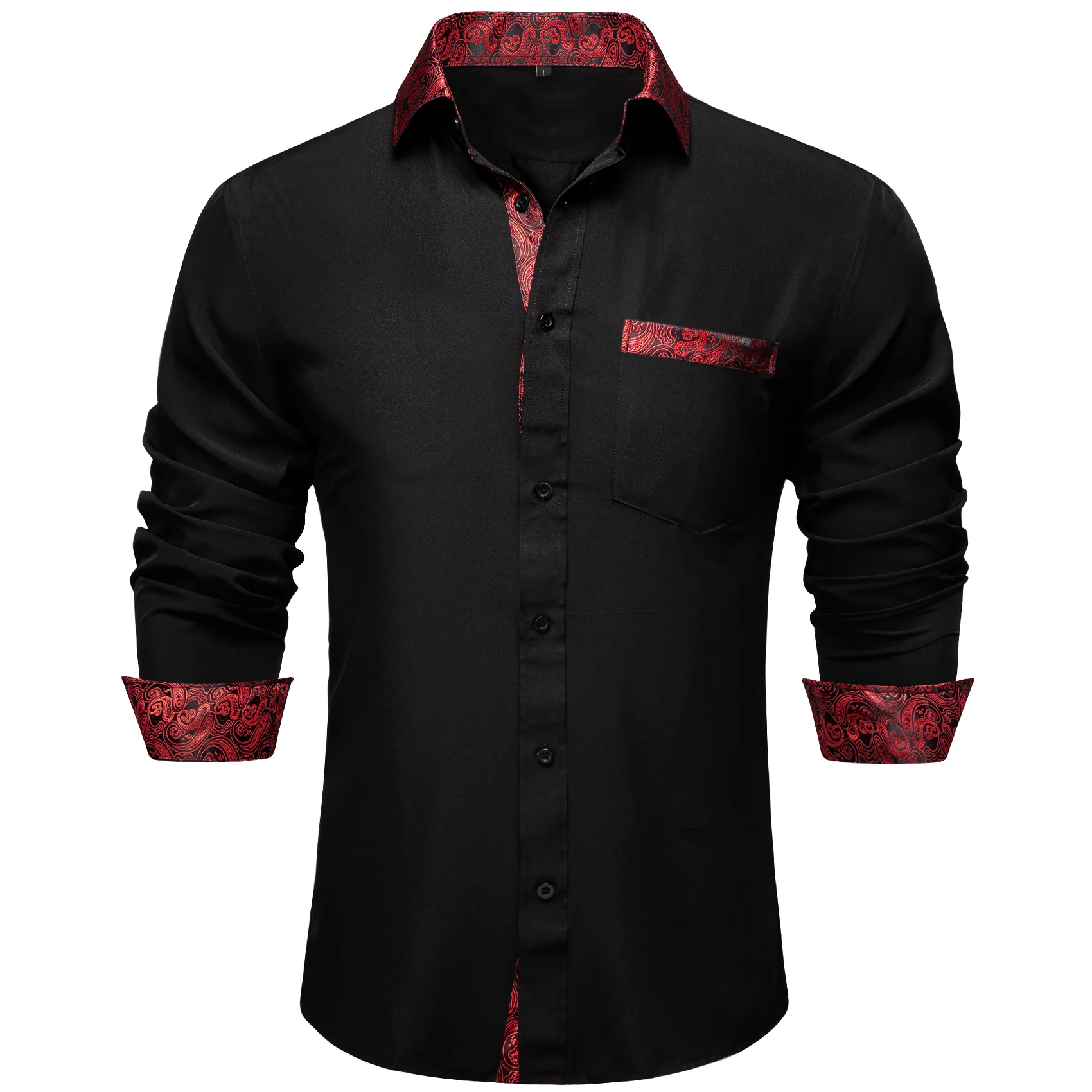 Splicing Style Black with Red Paisley Edge Men's Solid Long Sleeve Shirt