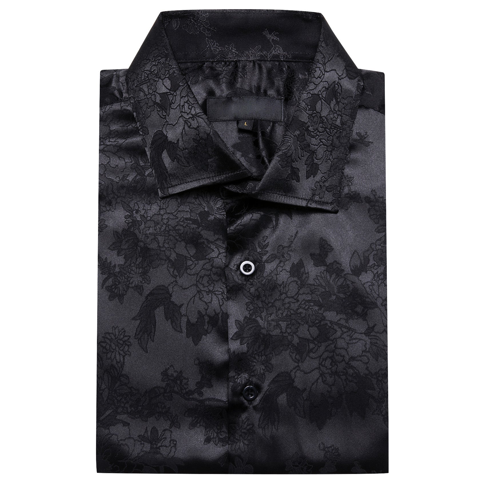 New Black Floral Satin Silk Men's Long Sleeve Shirt