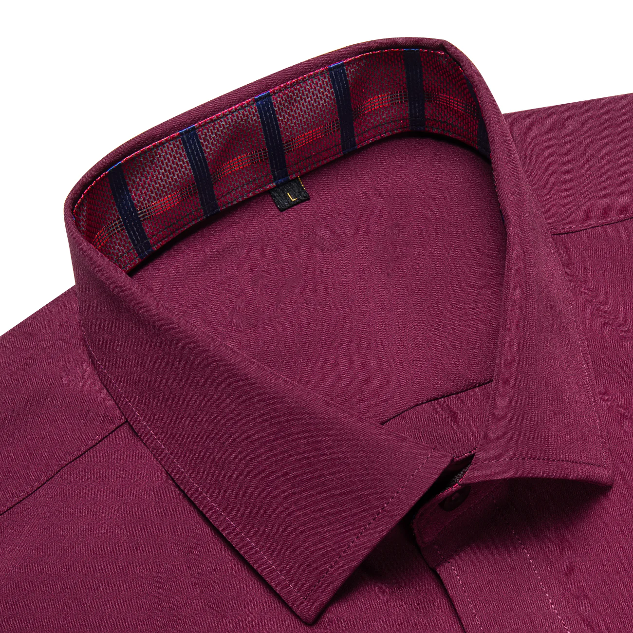 Splicing Style Burgundy Red with Red Plaid Edge Men's Solid Long Sleeve Shirt