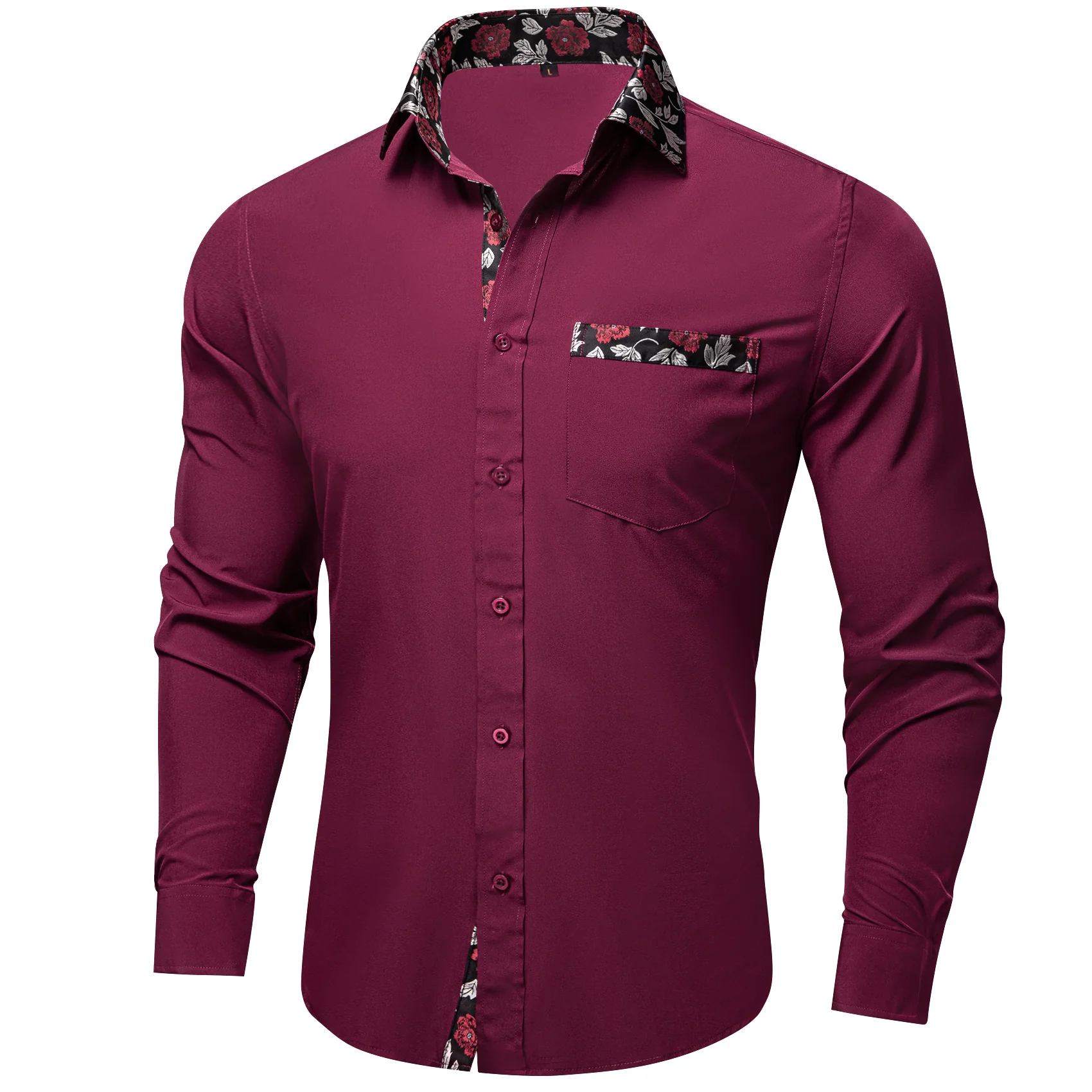 Splicing Style Burgundy Red with Black Floral Edge Men's Solid Long Sleeve Shirt