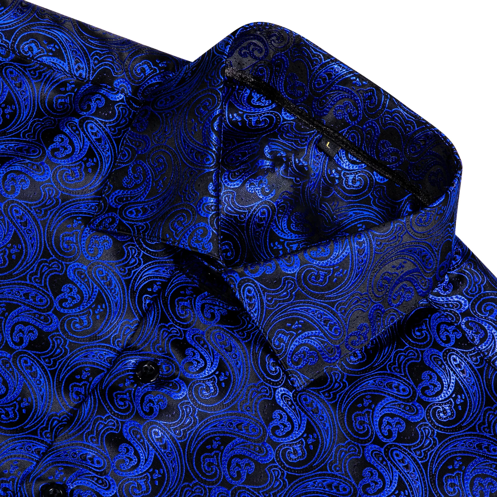 Black Blue Paisley Style Silk Men's Long Sleeve Shirt