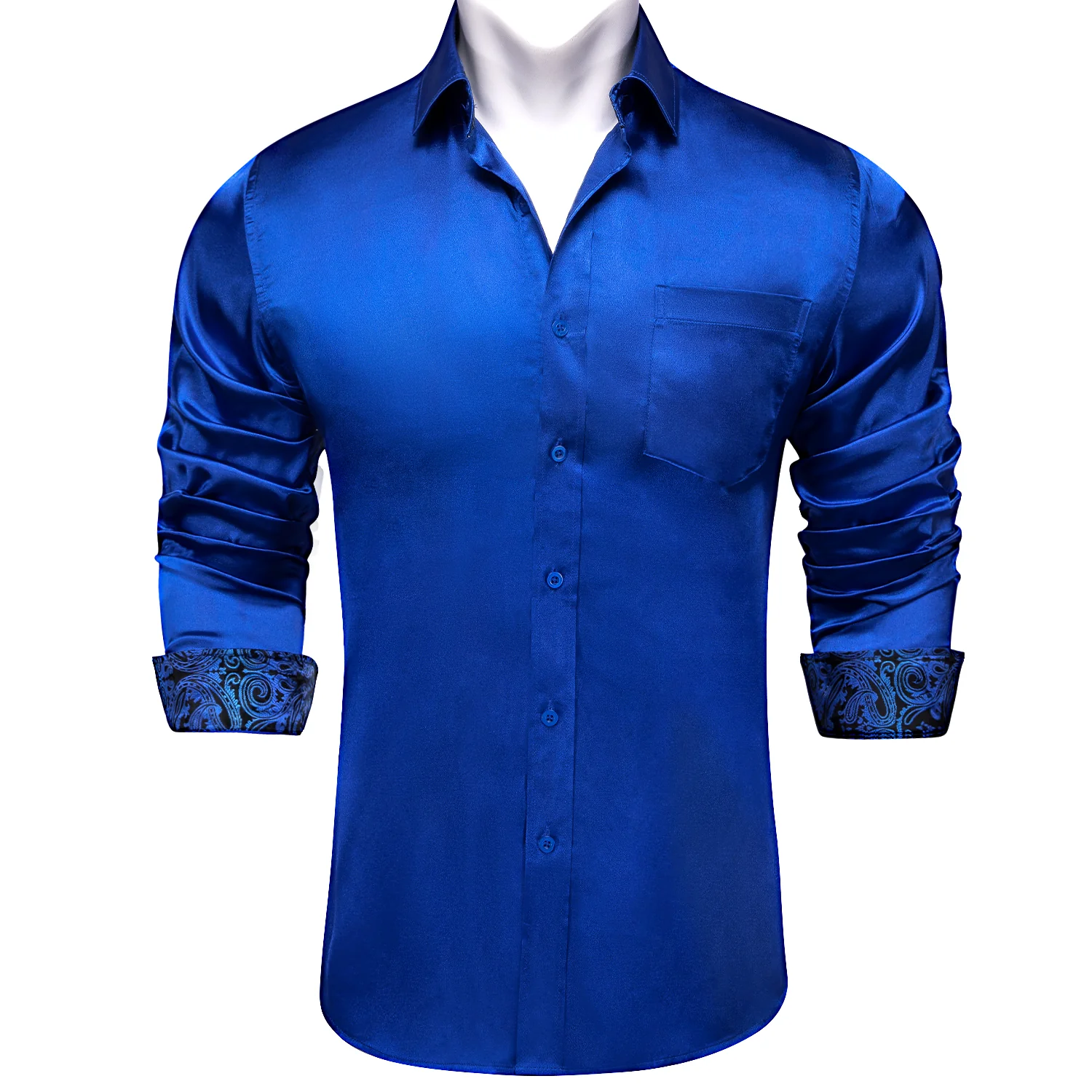 Splicing Style Royal Blue with Blue Paisley Edge Men's Solid Long Sleeve Shirt