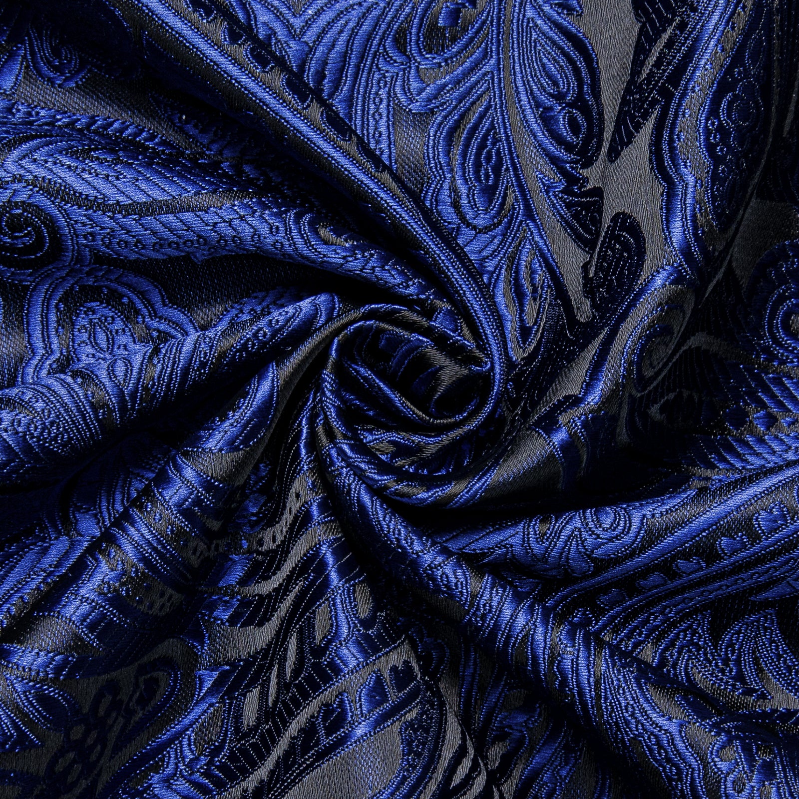 New Royal Blue Black Paisley Silk Men's Long Sleeve Shirt