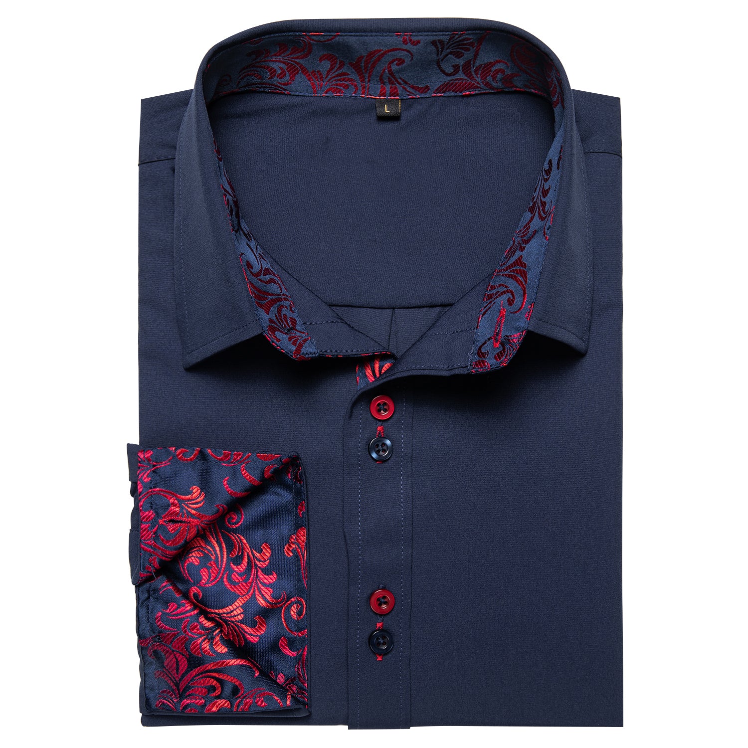 New Splicing Style Dark Blue with Red Floral Edge Men's Long Sleeve Shirt