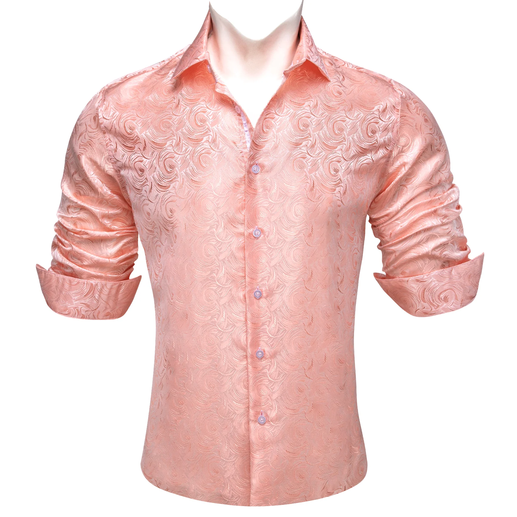 LightPink Rose Flower Pattern Floral Silk Men's Long Sleeve Shirt